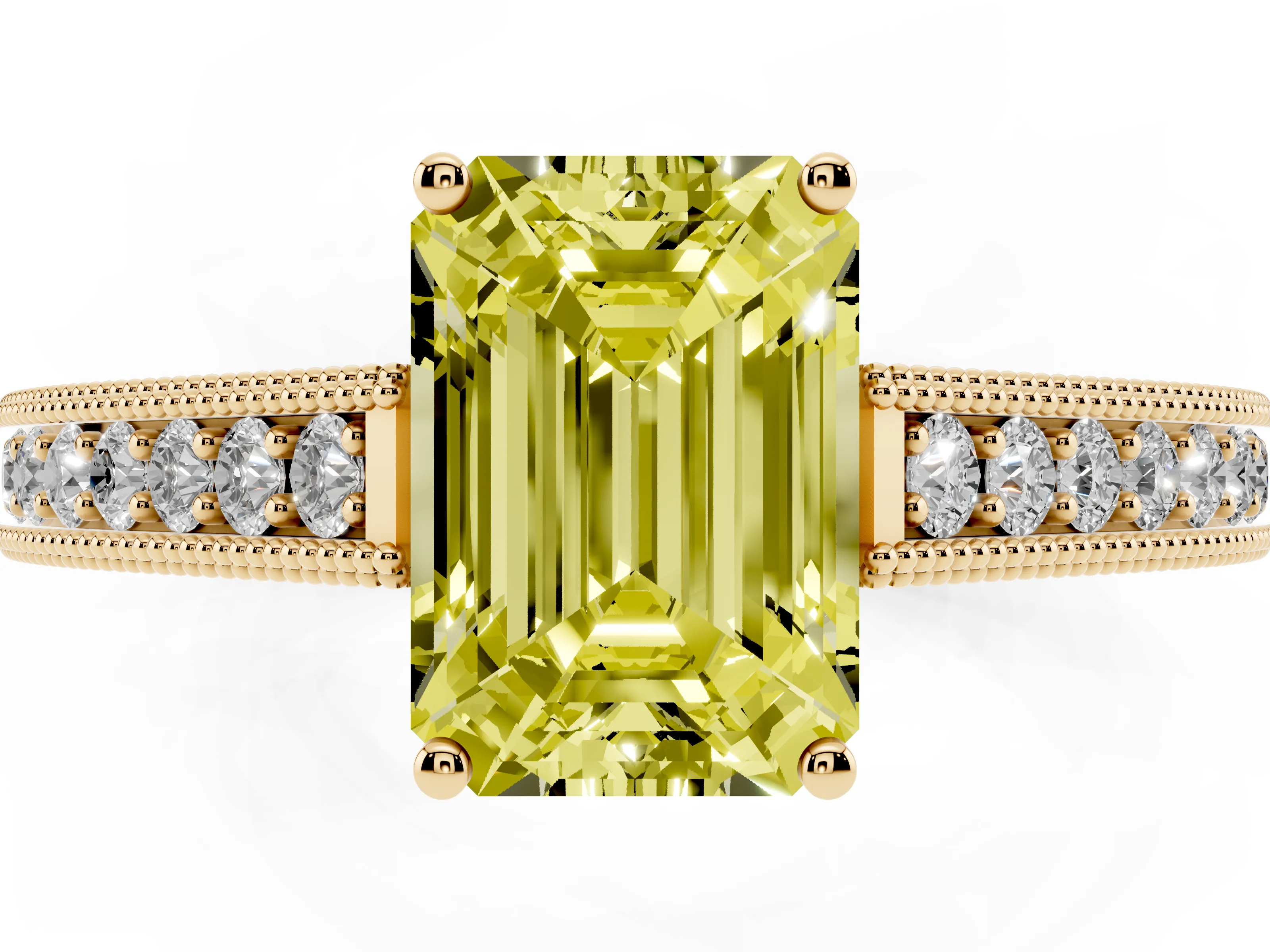 Fancy Yellow Emerald Cut Diamond Milgrain Pavé Band Solitaire Ring Set in Yellow gold with Prong Setting