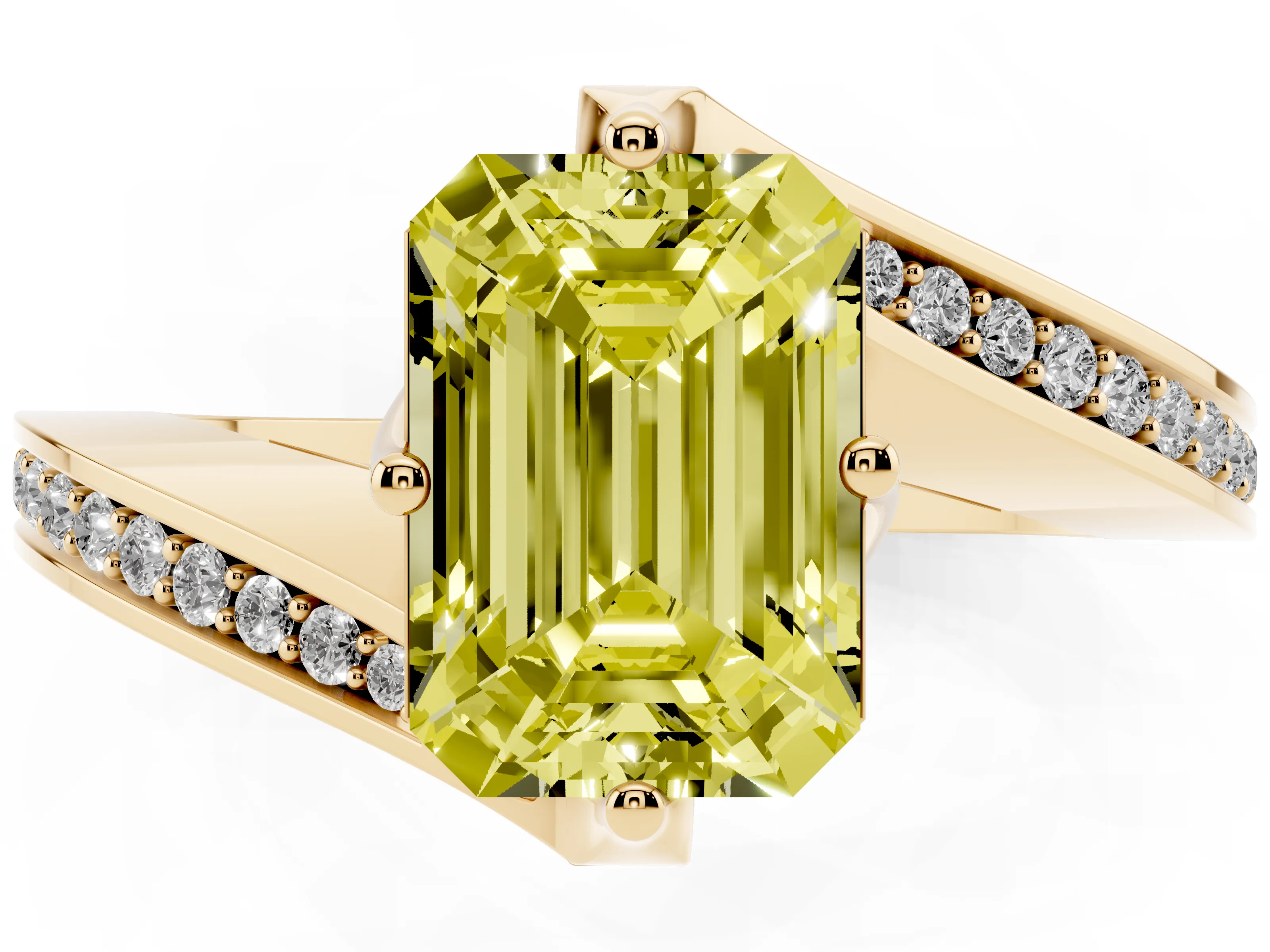 Fancy Yellow Emerald Cut Diamond Solitaire Ring Set in Yellow gold with Intertwined Pavé Twist Band