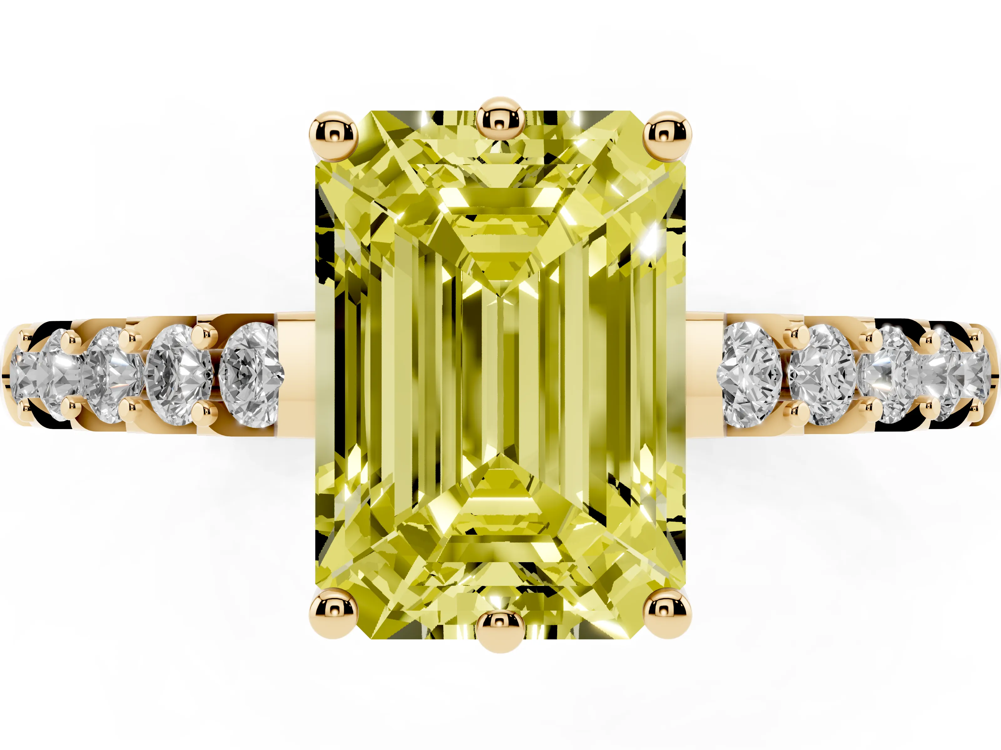Fancy Yellow Emerald Cut Diamond Solitaire Engagement Ring Set in Yellow gold with Pavé Band and Prong Setting