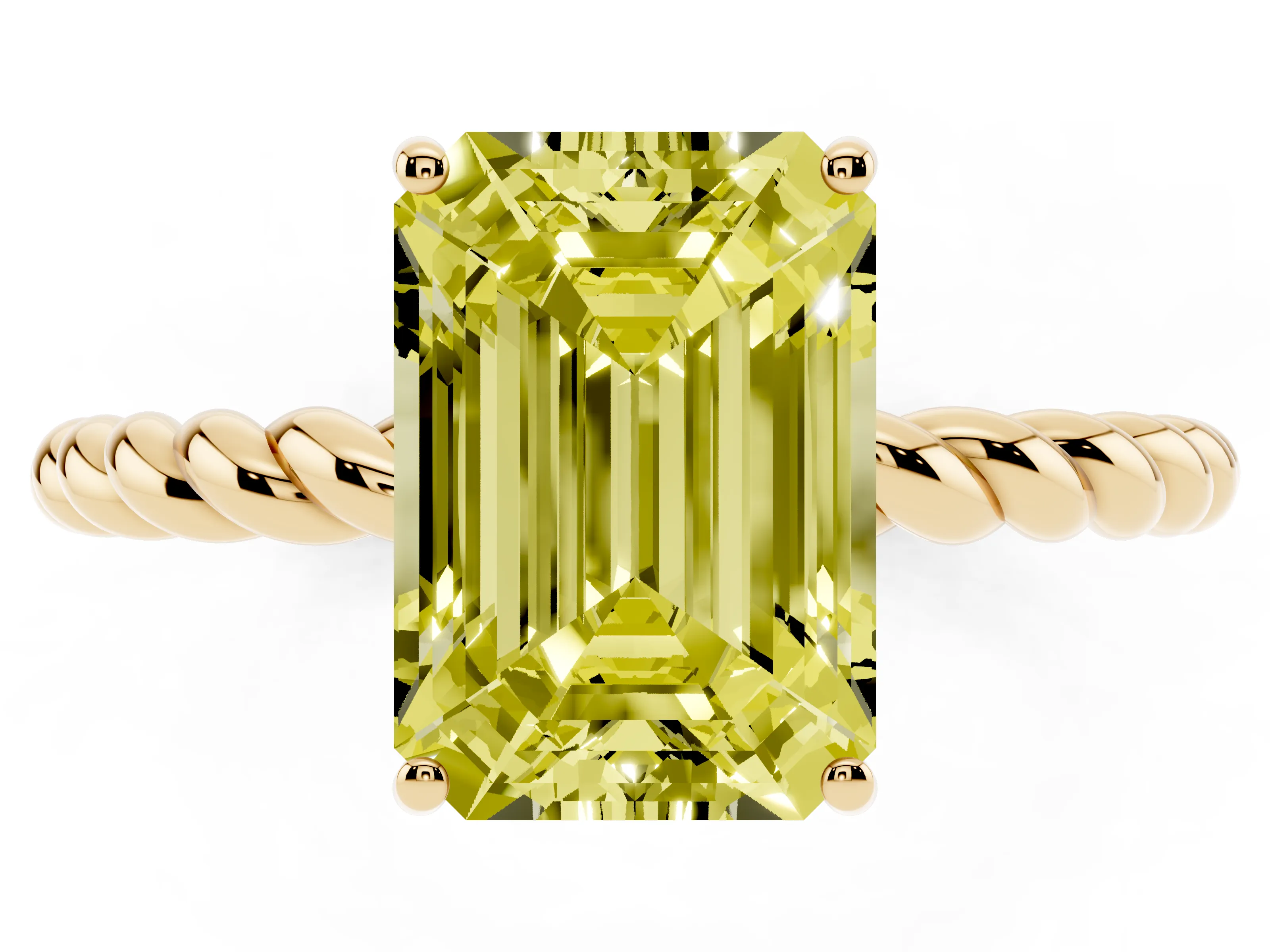 Fancy Yellow Emerald Cut Diamond Solitaire Ring Set in Yellow gold with Twist Band and Prong Setting