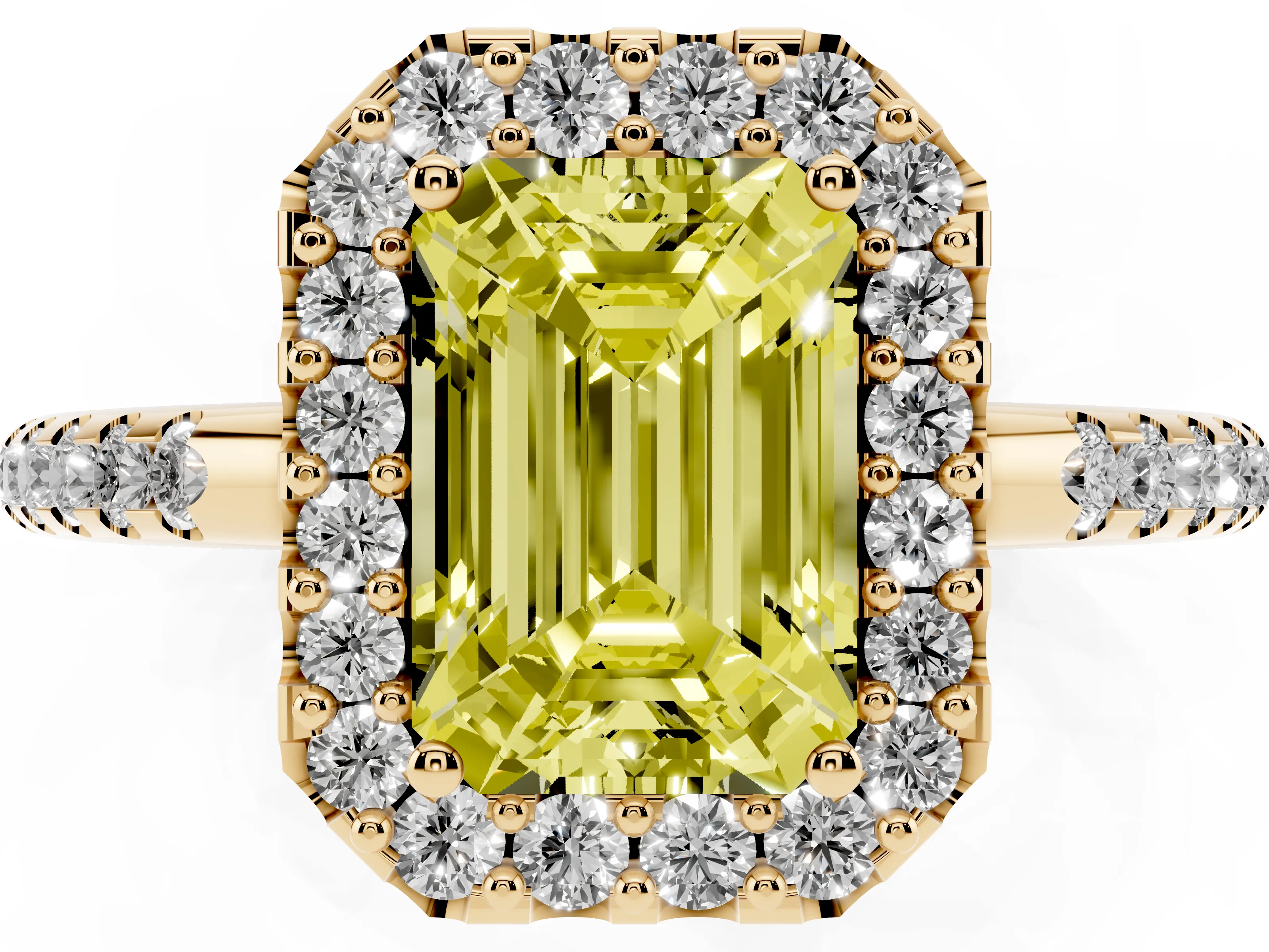 Fancy Yellow Emerald Cut Diamond Pavé Halo Ring Set in Yellow gold with Prong Setting