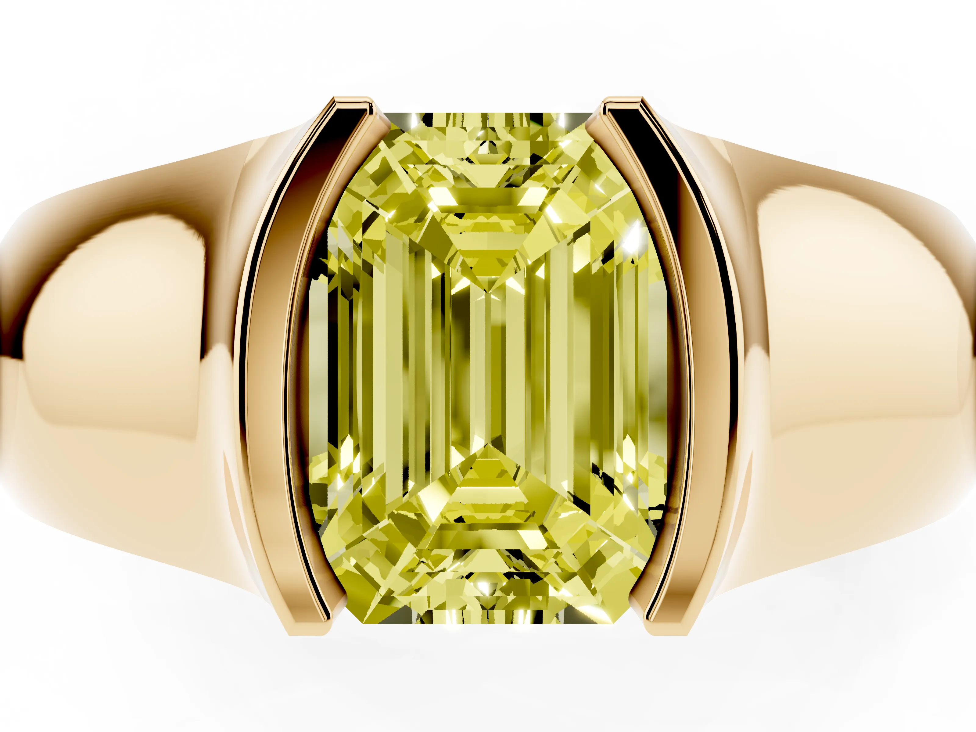Fancy Yellow Emerald Cut Diamond Bezel Solitaire Ring Set in Yellow gold with Wide Band