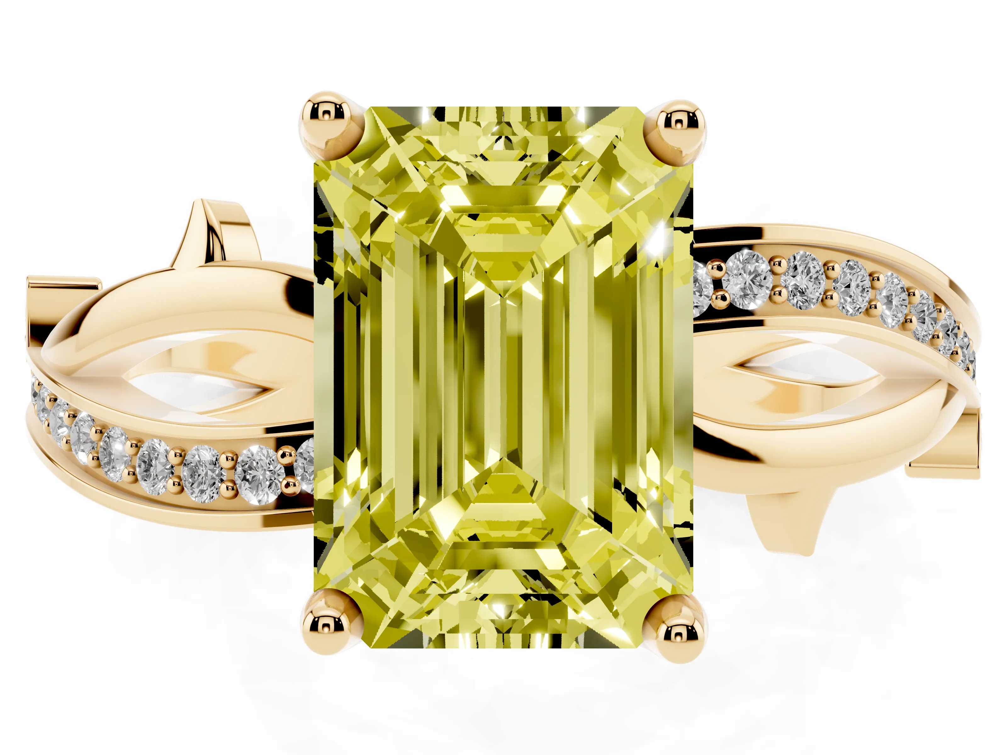 Fancy Yellow Emerald Cut Diamond Pavé Twist Band Solitaire Ring Set in Yellow gold with Prong Setting
