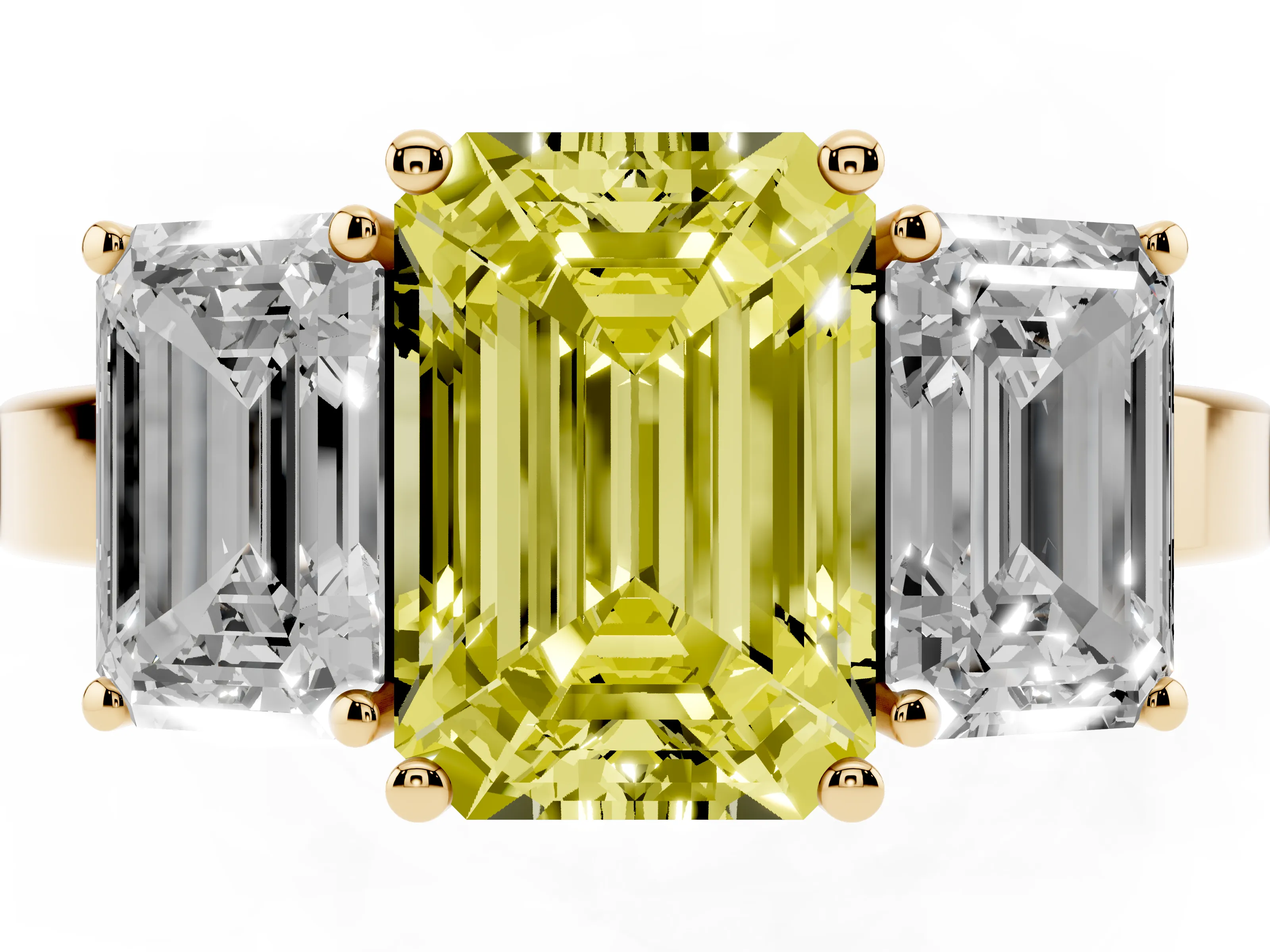 Fancy Yellow Emerald Cut Diamond Three-Stone Engagement Ring Set in Yellow gold with Flat Band