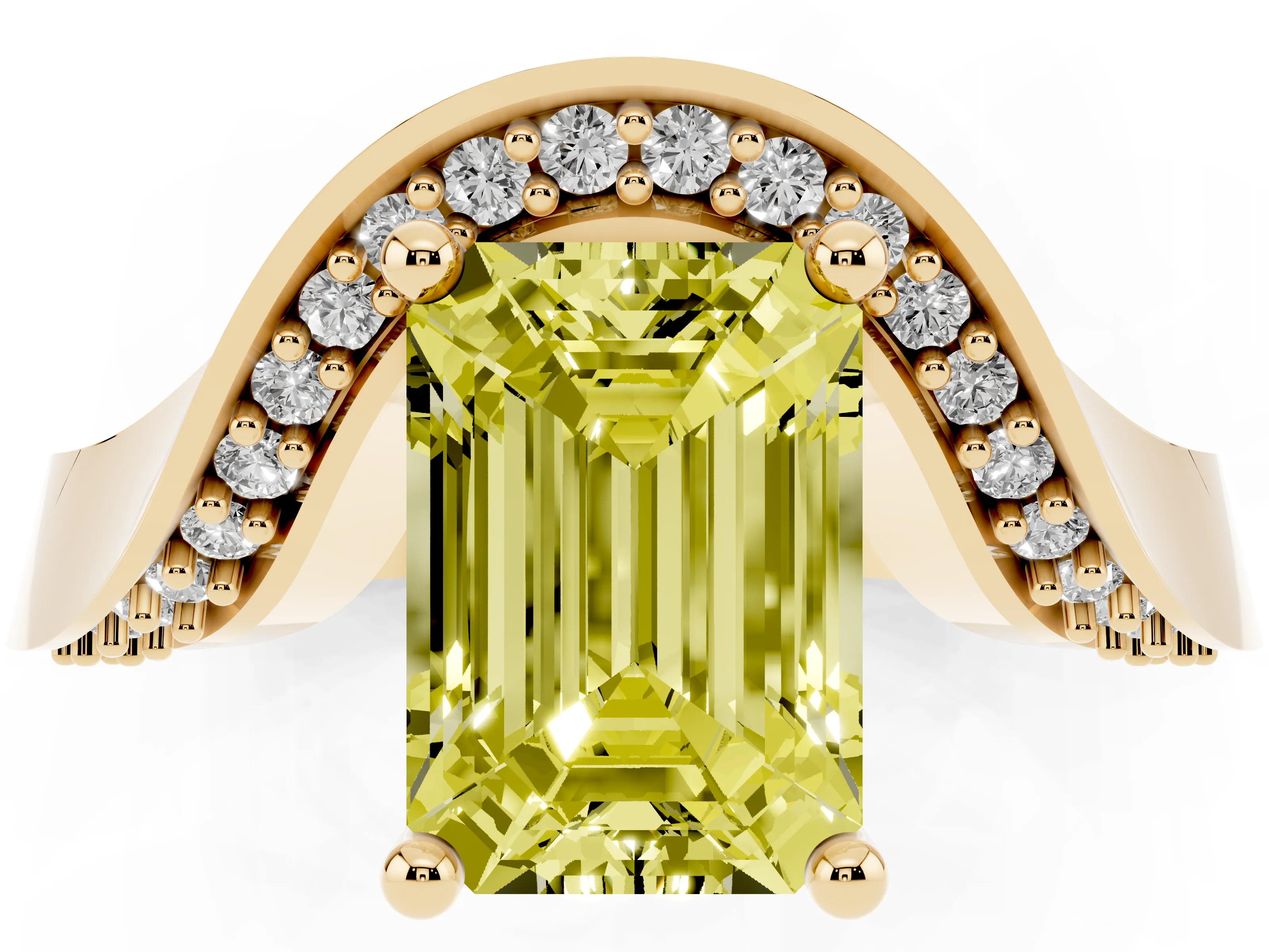 Fancy Yellow Emerald Cut Diamond Solitaire Engagement Ring Set in Yellow gold with Pavé Shoulders