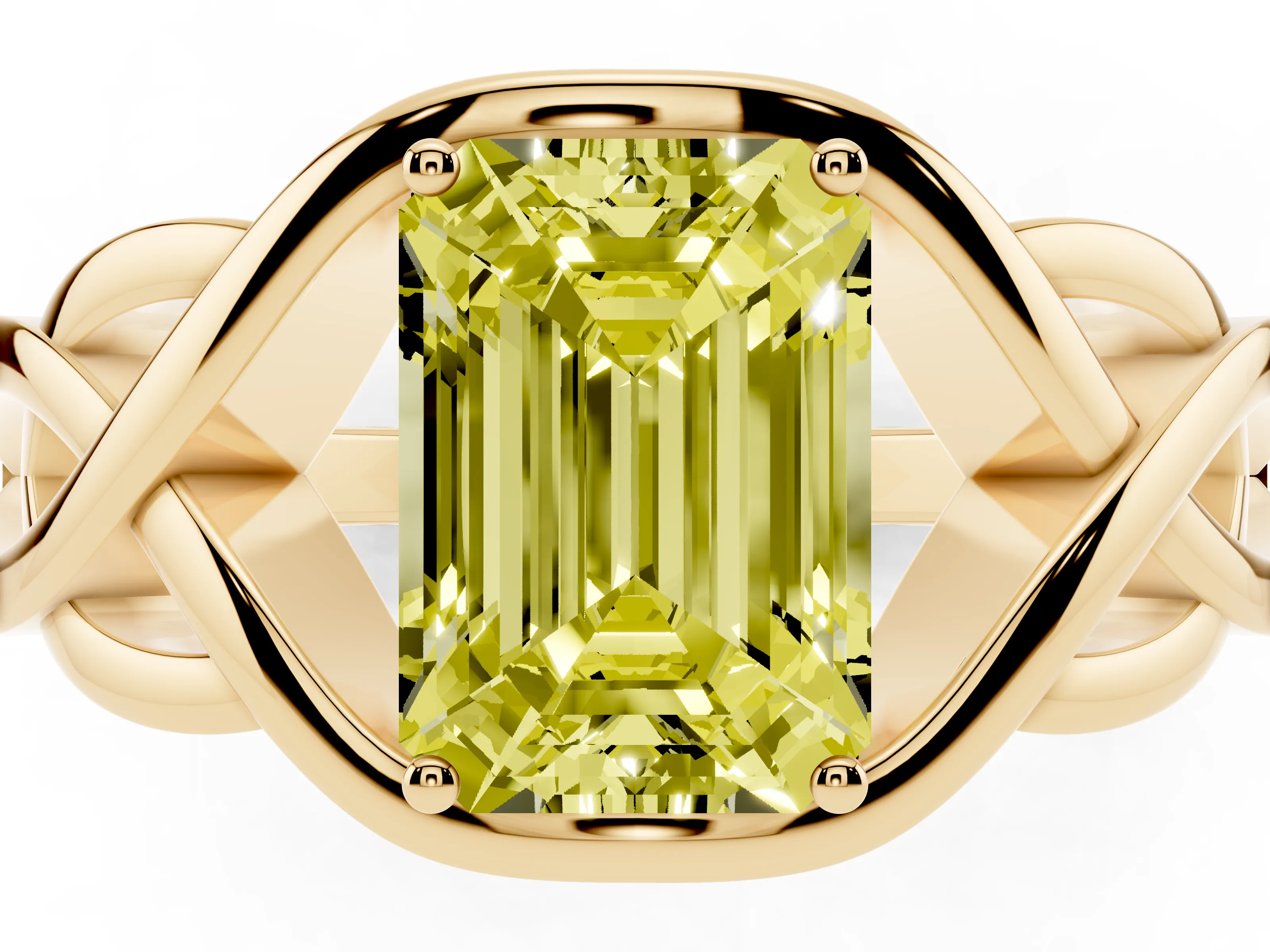 Fancy Yellow Emerald Cut Diamond Solitaire Ring Set in Yellow gold with Intertwined Band