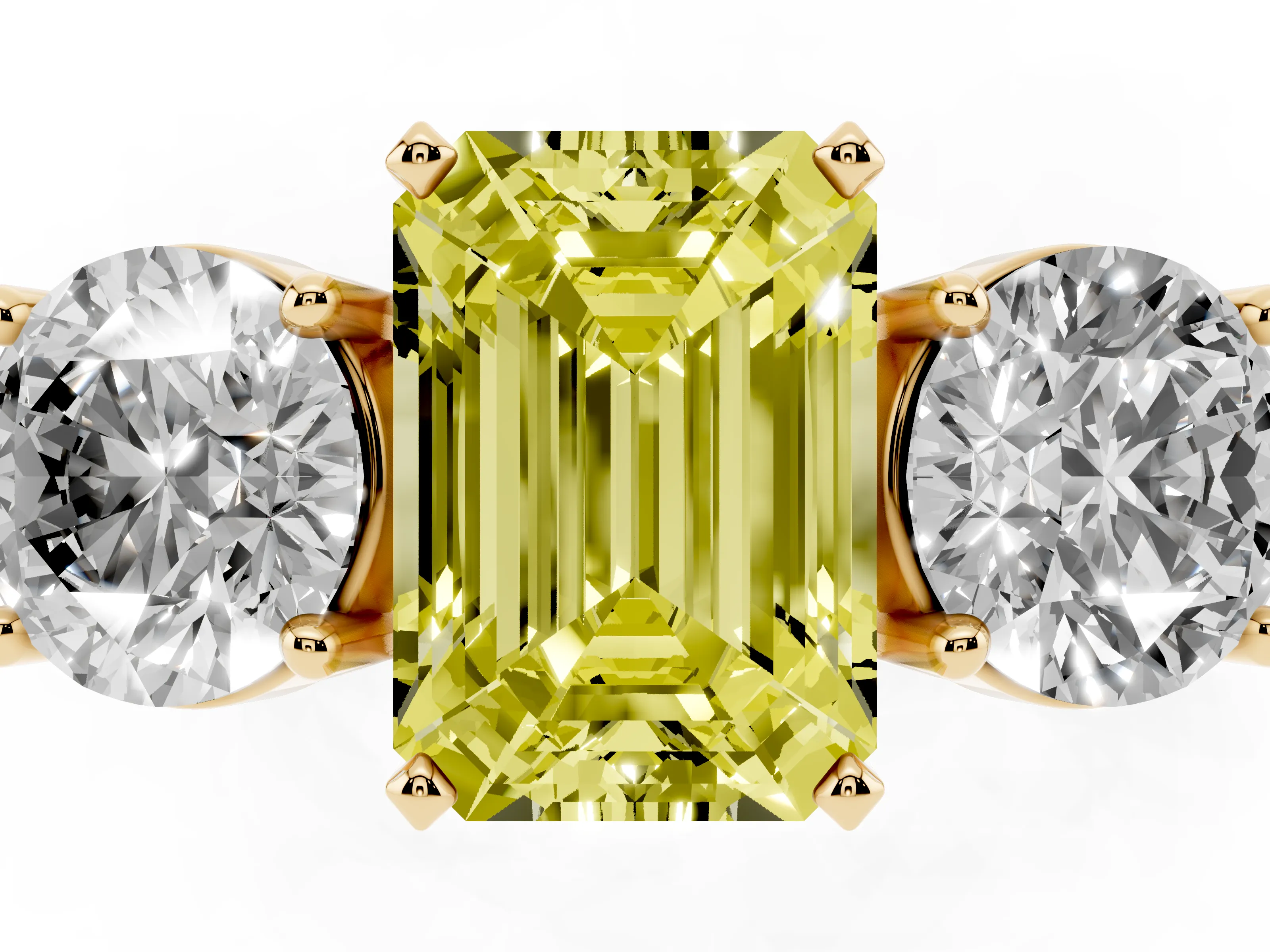 Fancy Yellow Emerald Cut Diamond Three-Stone Ring Set in Yellow gold with Round Side Stones and Classic Band