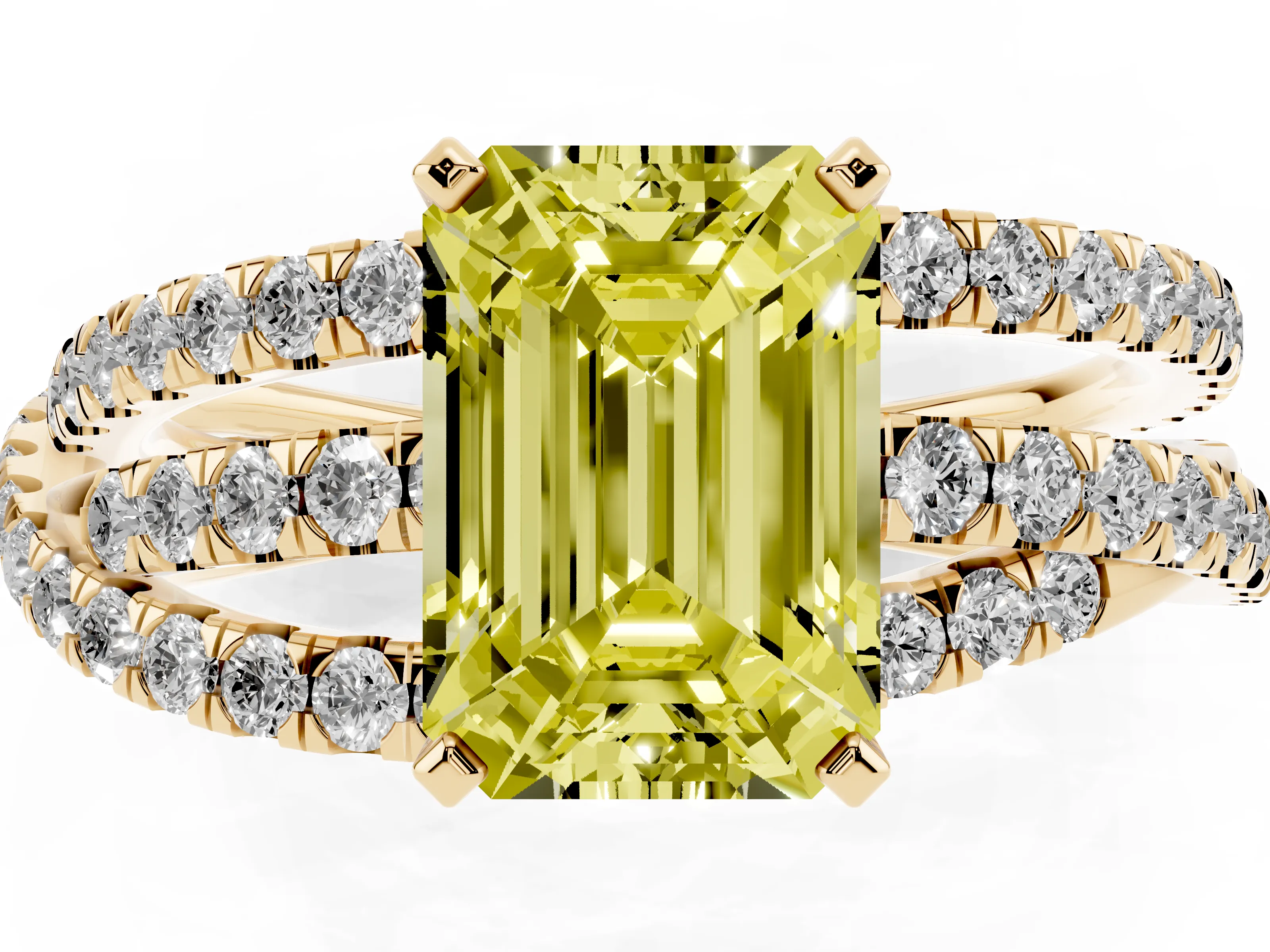 Fancy Yellow Emerald Cut Diamond Solitaire Twist Band Ring Set in Yellow gold with Pavé Setting and Prong Head