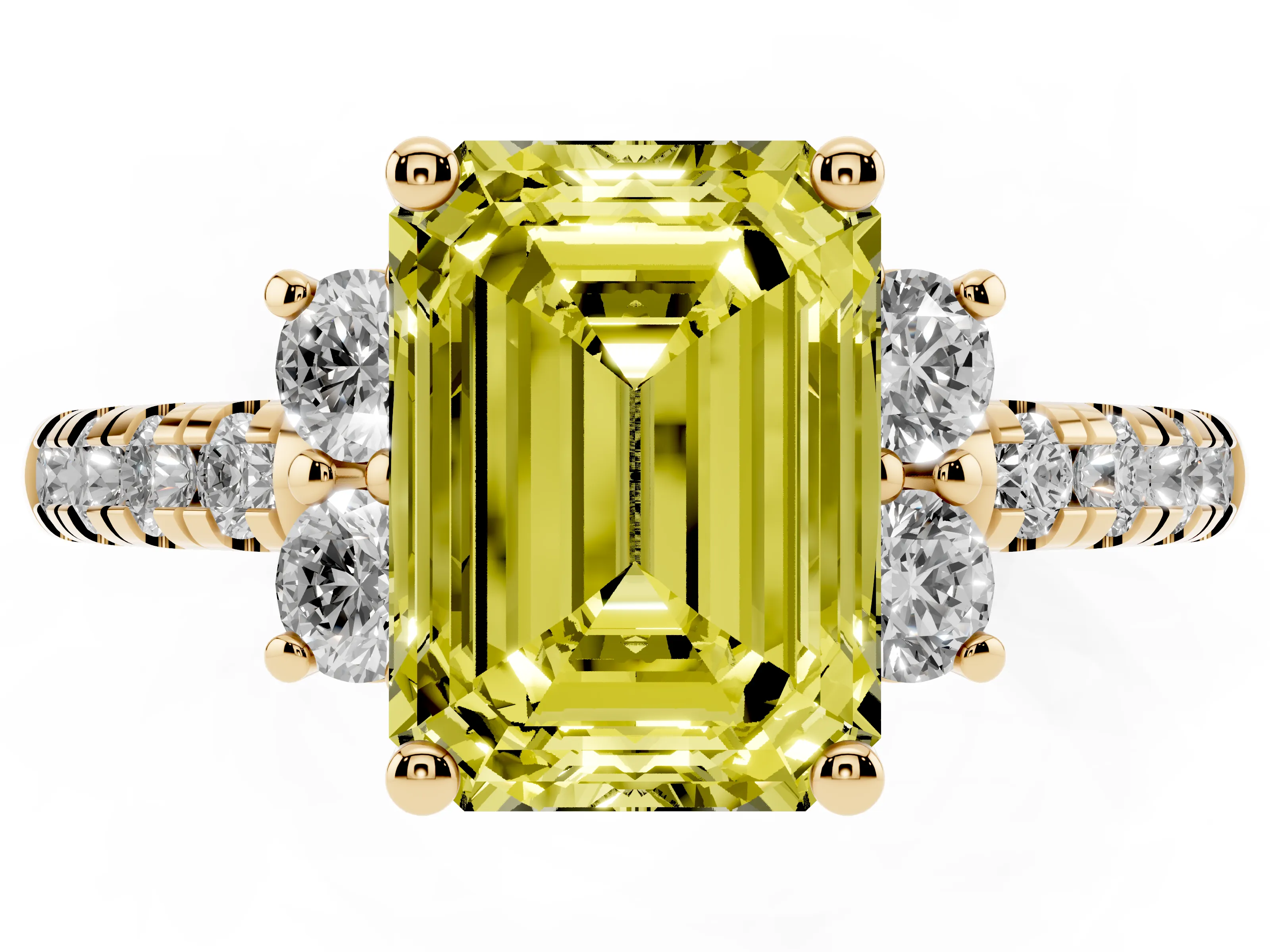 Fancy Yellow Emerald Cut Diamond Three-Stone Pavé Ring Set in Yellow gold with Prong Setting