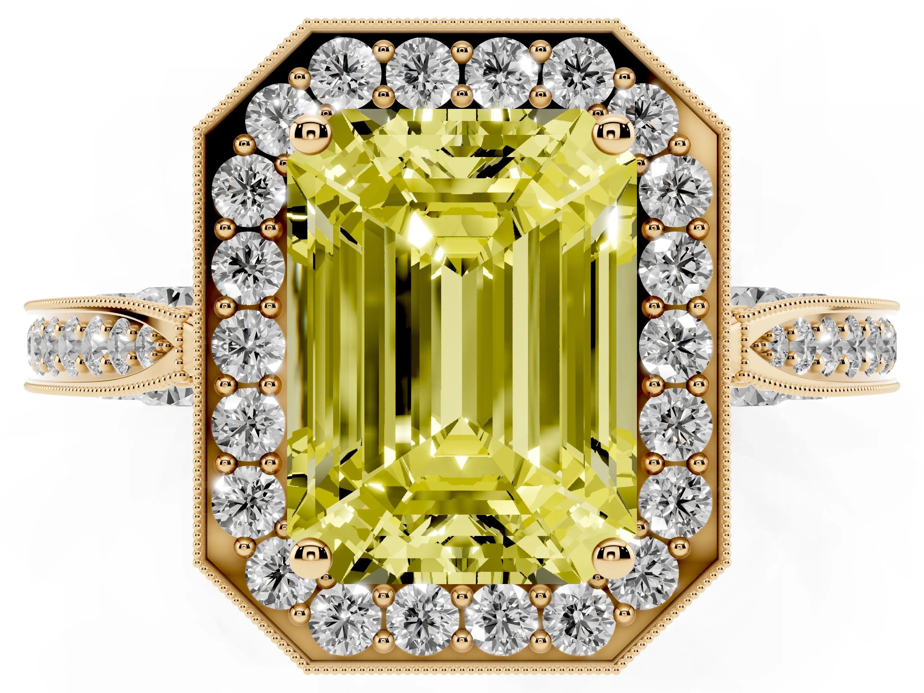 Fancy Yellow Emerald Cut Diamond Halo Engagement Ring Set in Yellow gold with Accent Split Shank Band
