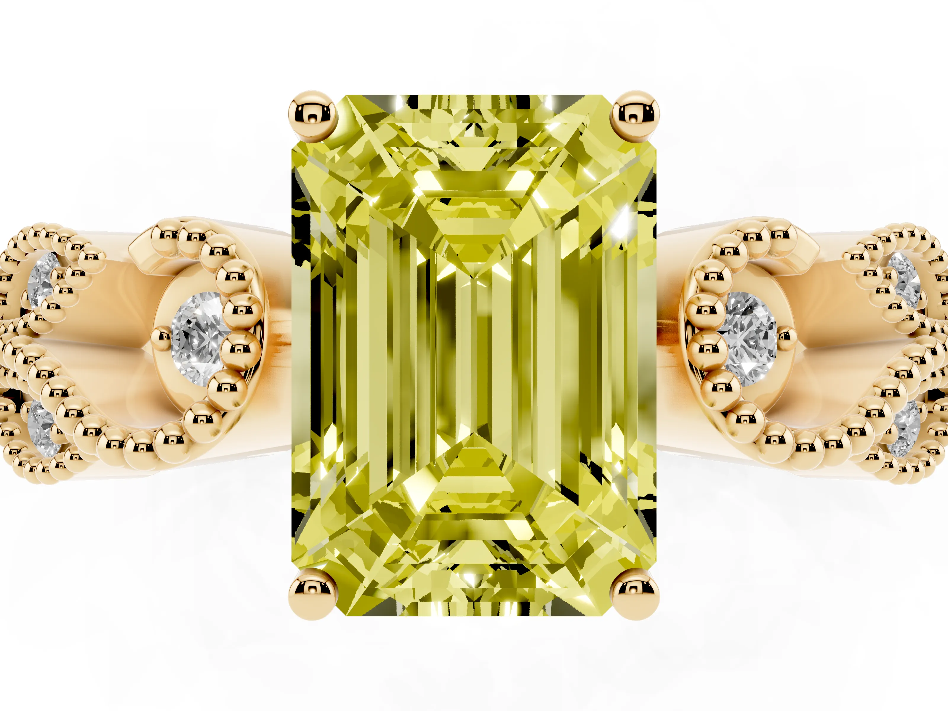 Fancy Yellow Emerald Cut Diamond Milgrain Leaf Band Solitaire Ring Set in Yellow gold with Accent Stones and Prong Setting