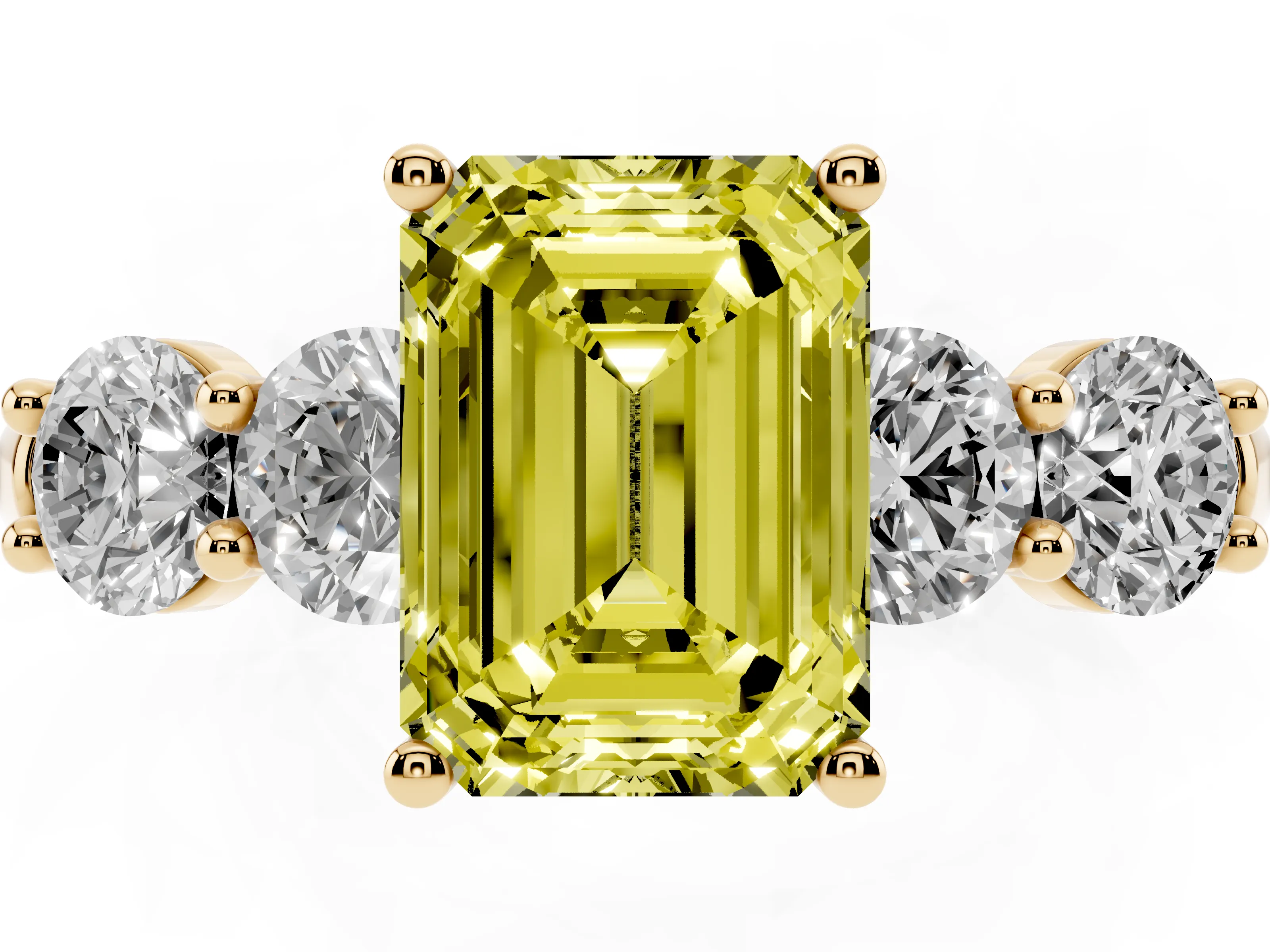 Fancy Yellow Emerald Cut Diamond Five-Stone Prong Set Ring Set in Yellow gold with Classic Band