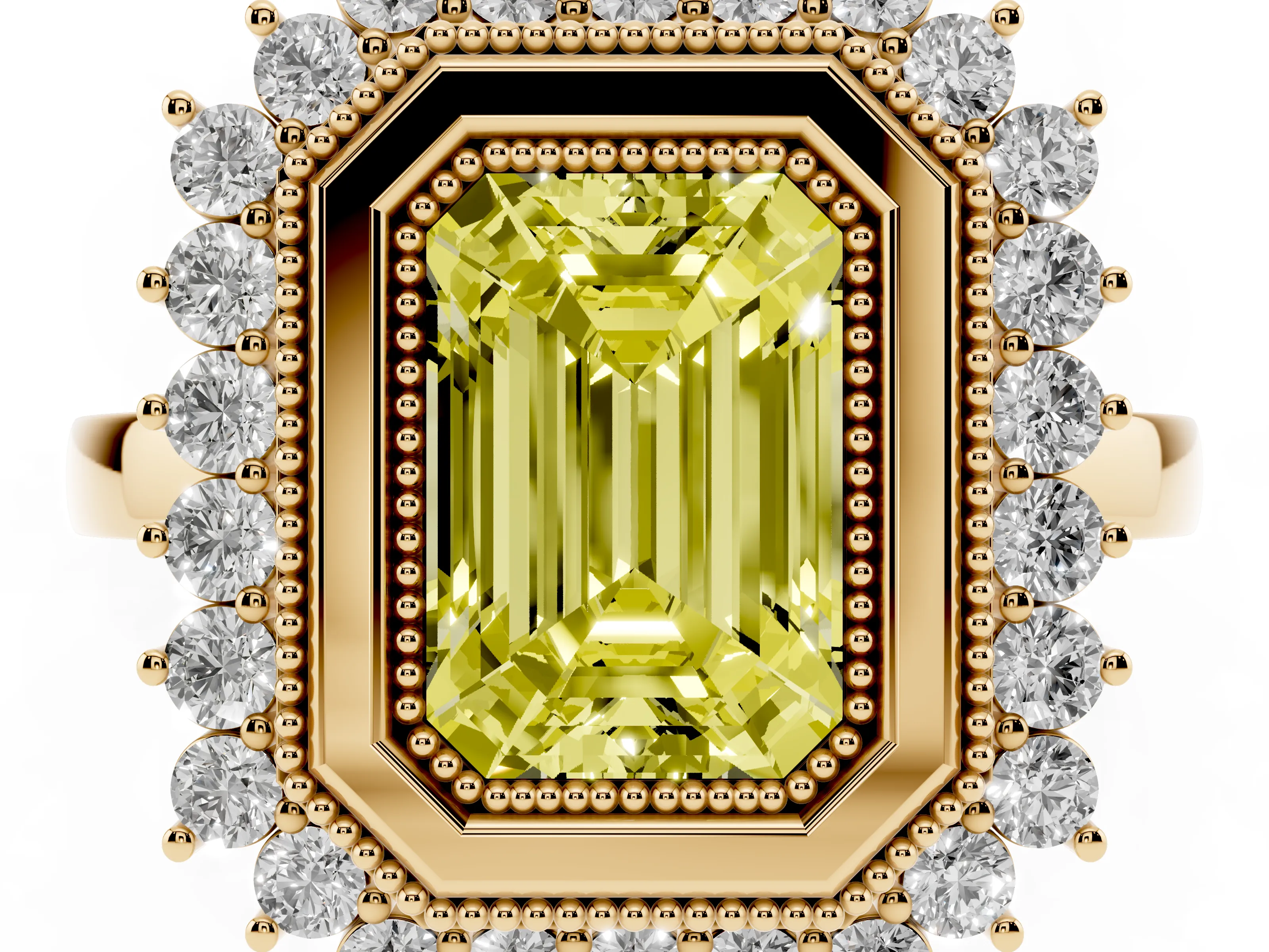 Fancy Yellow Emerald Cut Diamond Halo Ring Set in Yellow gold with Milgrain Edge and Round Prong Setting