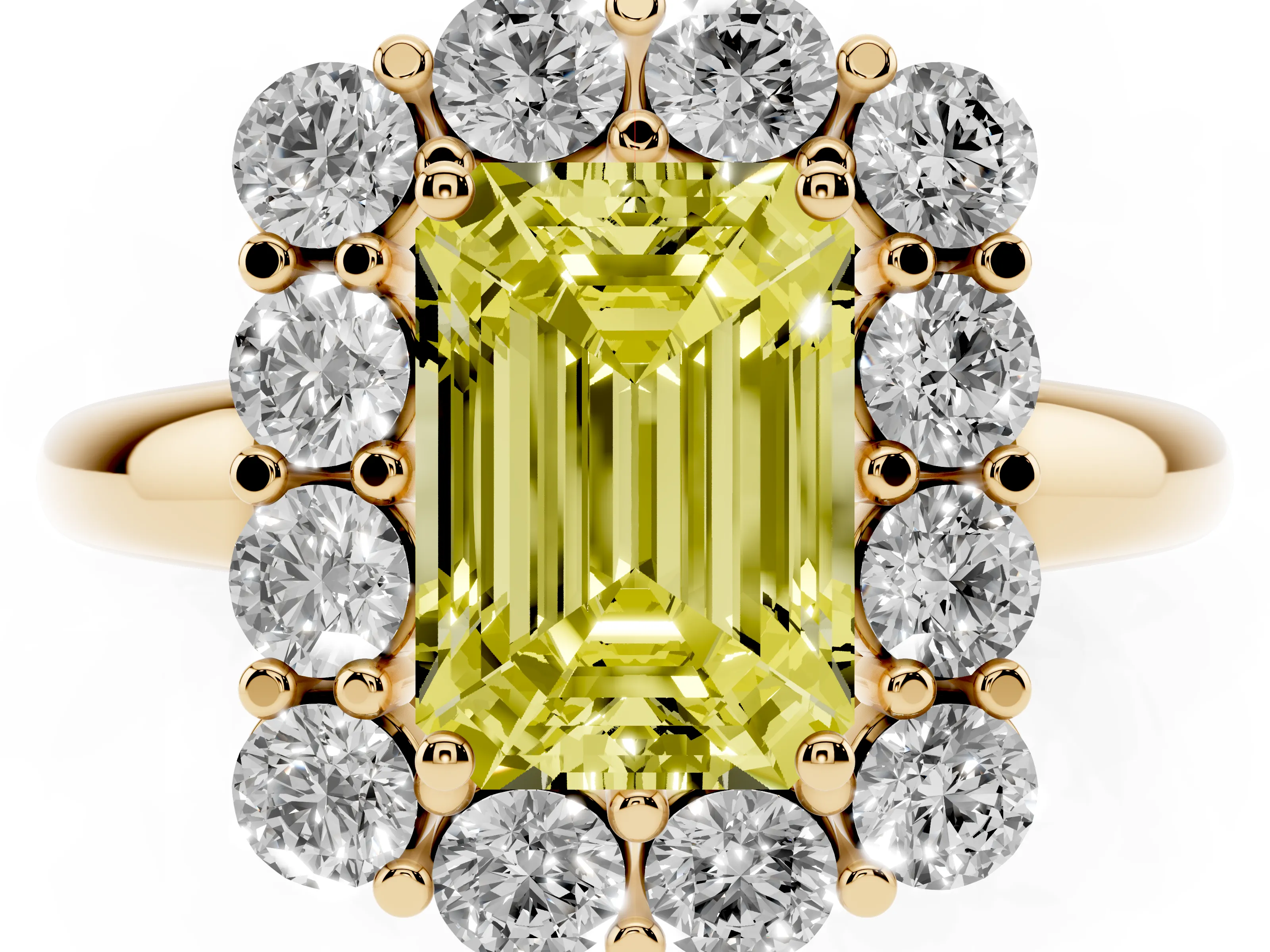 Fancy Yellow Emerald Cut Diamond Halo Cluster Engagement Ring Set in Yellow gold with Polished Band and Prong Setting