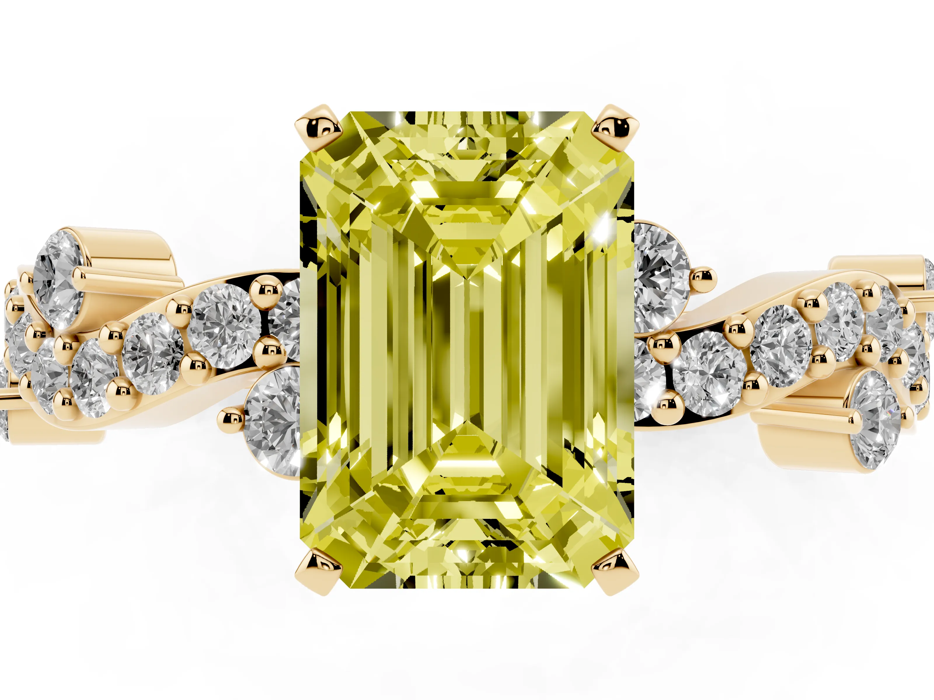 Fancy Yellow Emerald Cut Diamond Solitaire Twisted Band Set in Yellow gold with Pavé Setting