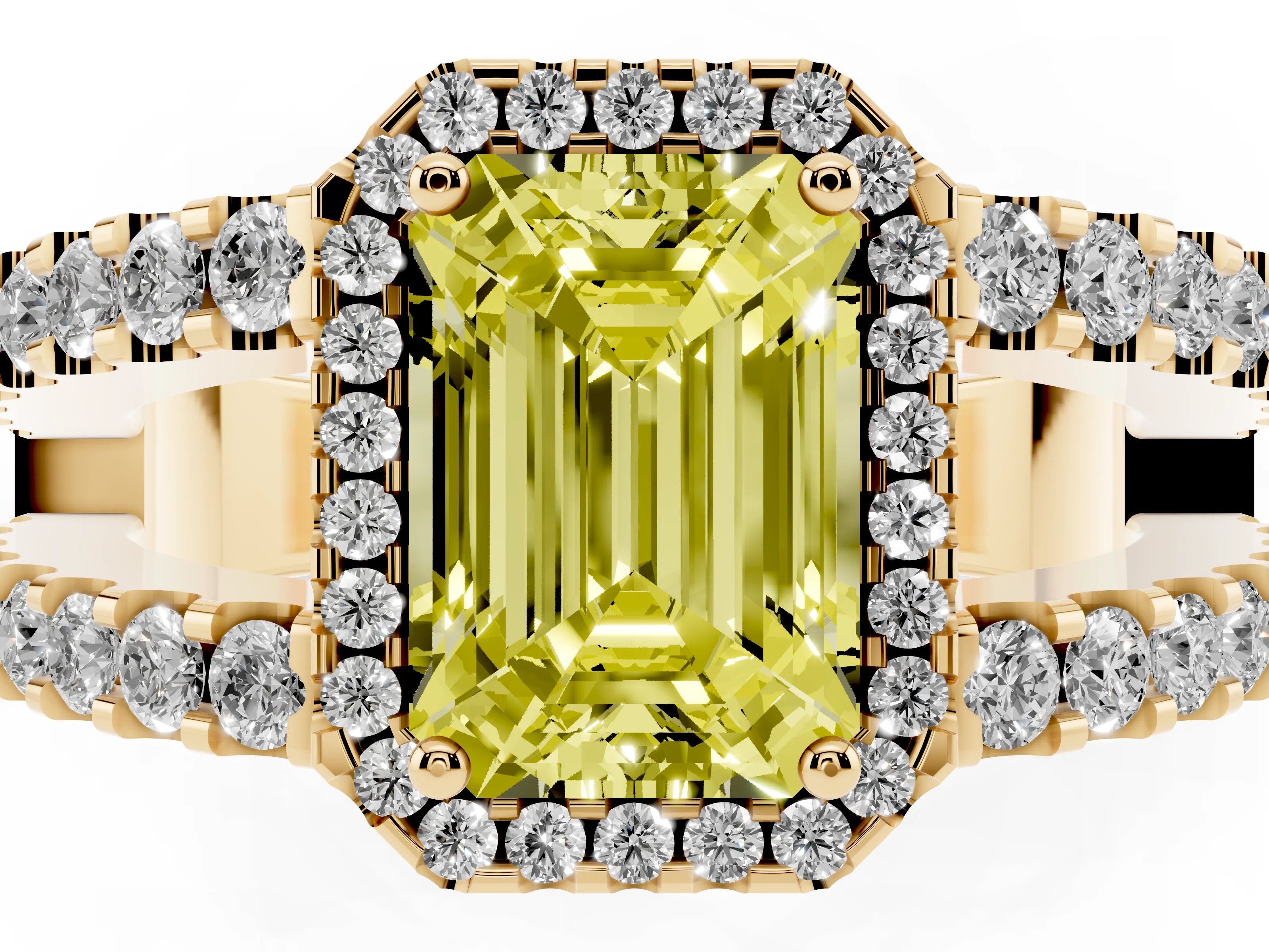 Fancy Yellow Emerald Cut Diamond Halo Ring Set in Yellow gold with Pavé Split Shank and Prong Setting