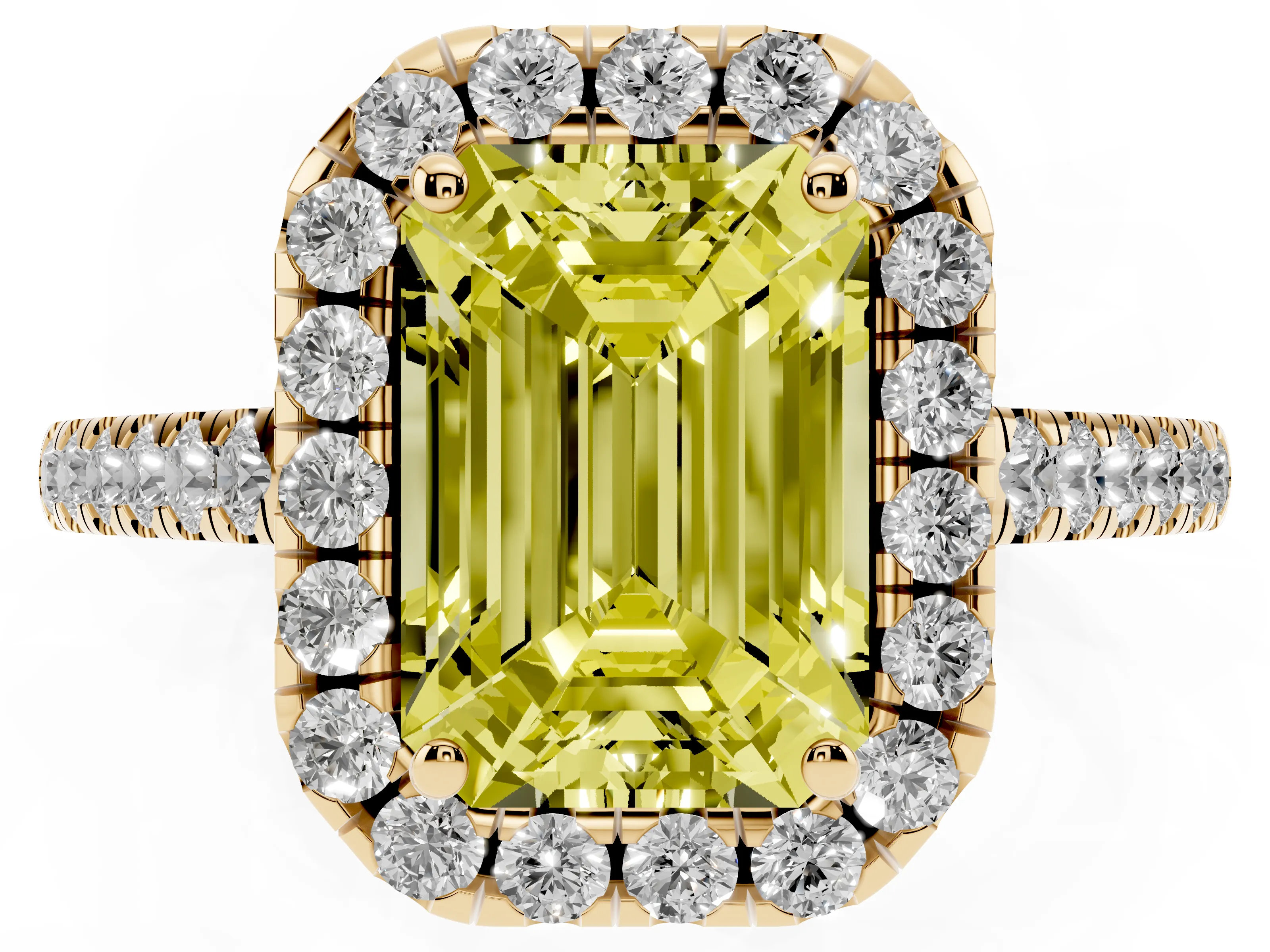 Fancy Yellow Emerald Cut Diamond Halo Pavé Engagement Ring Set in Yellow gold with Prong Setting