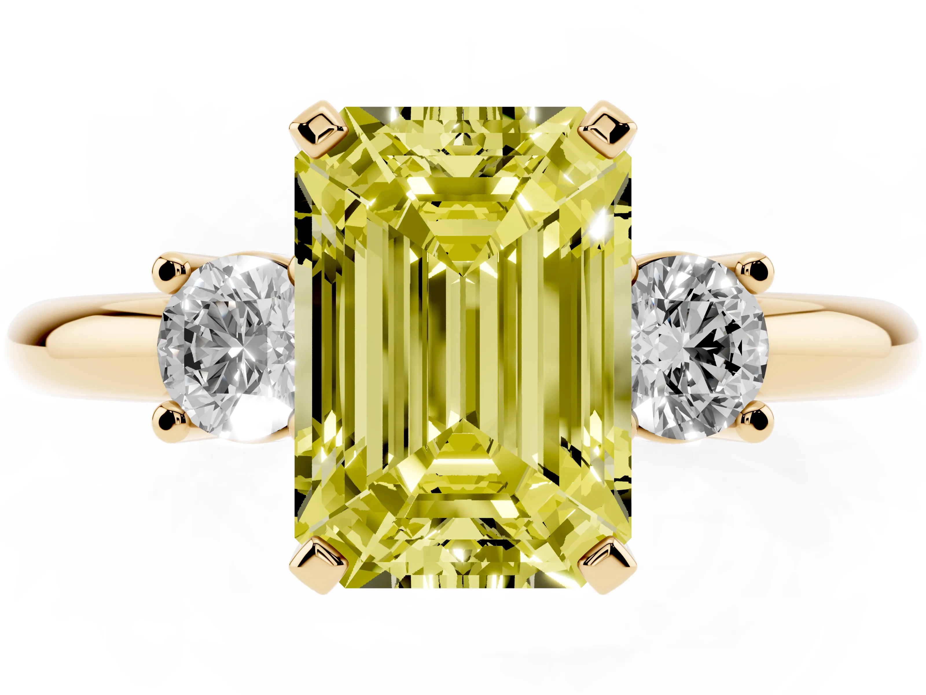 Fancy Yellow Three-Stone Emerald Cut Diamond Ring Set in Yellow gold with Prong Setting and Plain Band