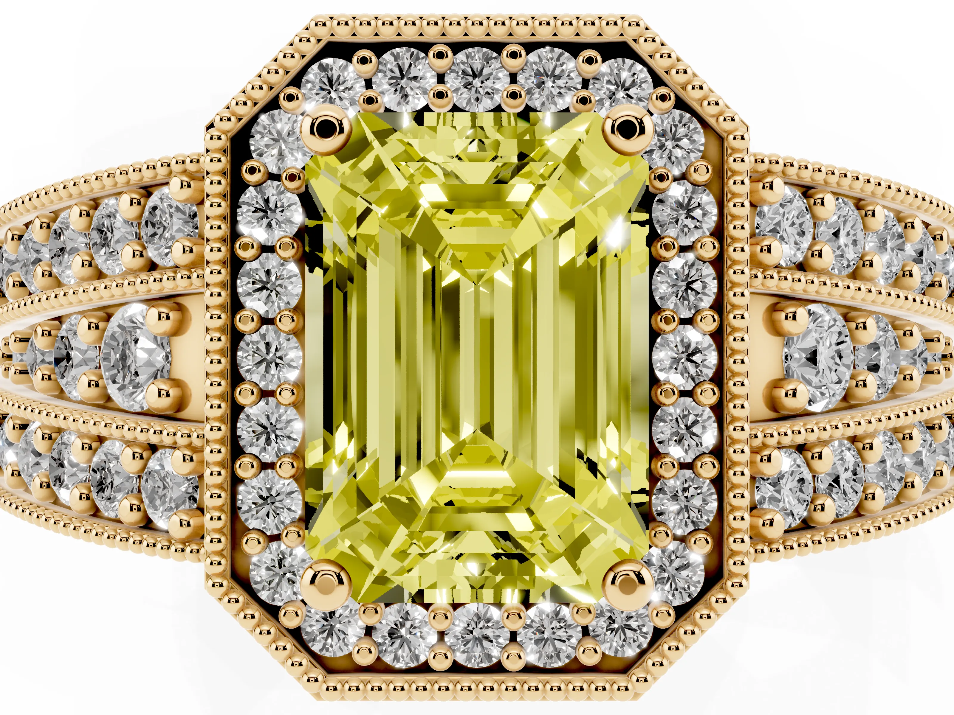 Fancy Yellow Emerald Cut Diamond Halo Ring Set in Yellow gold with Accent Split Shank and Prong Setting