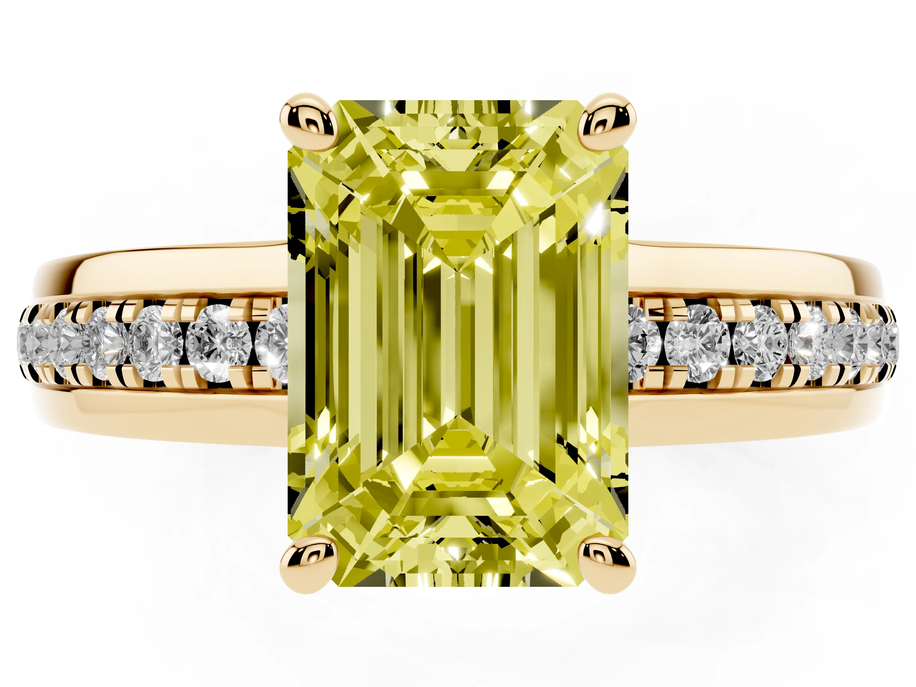 Fancy Yellow Emerald Cut Diamond Solitaire Ring Set in Yellow gold with Channel Set Band and Prong Setting
