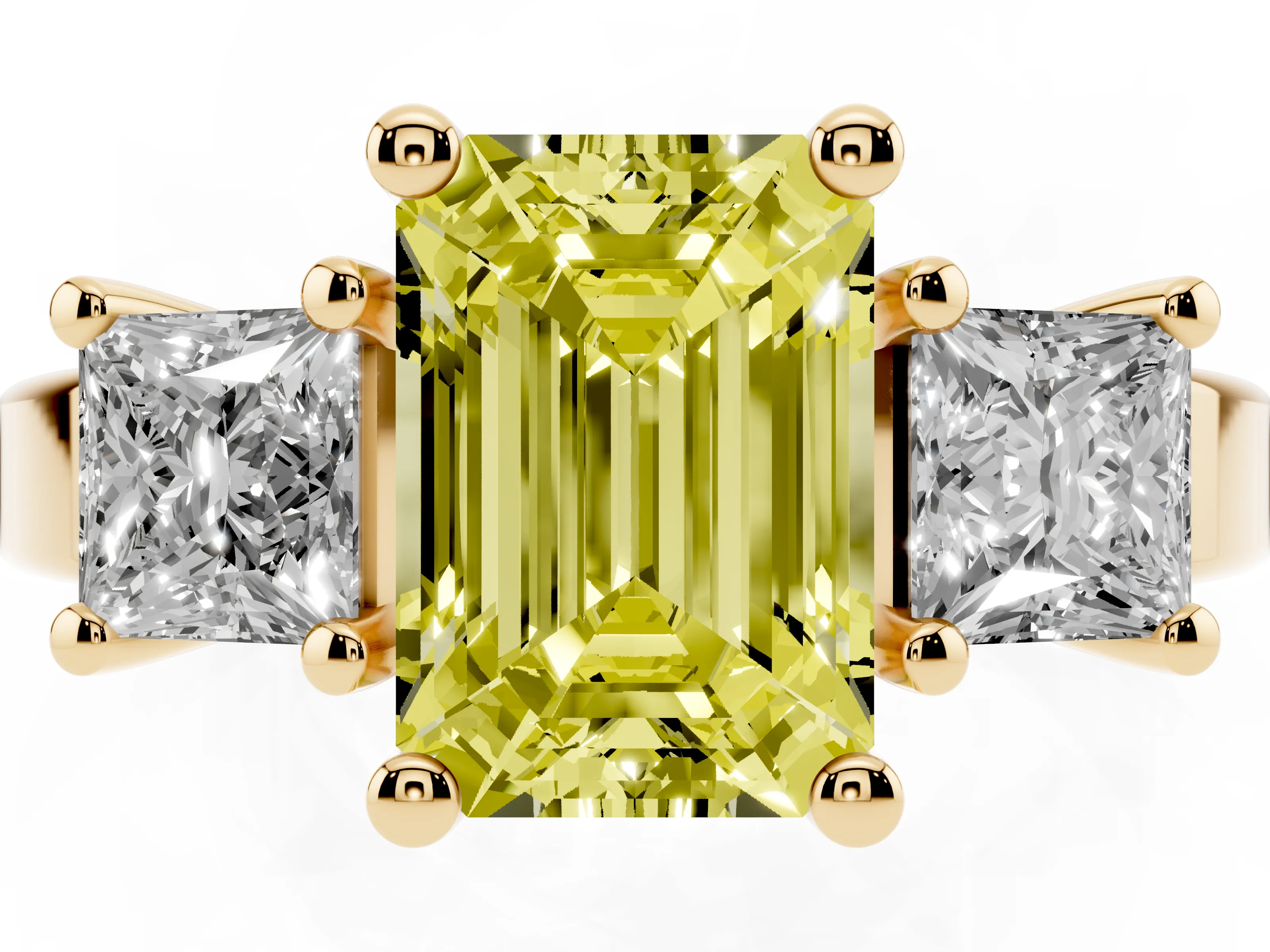 Fancy Yellow Three-Stone Emerald Cut Diamond Solitaire Ring Set in Yellow gold with Prong Setting