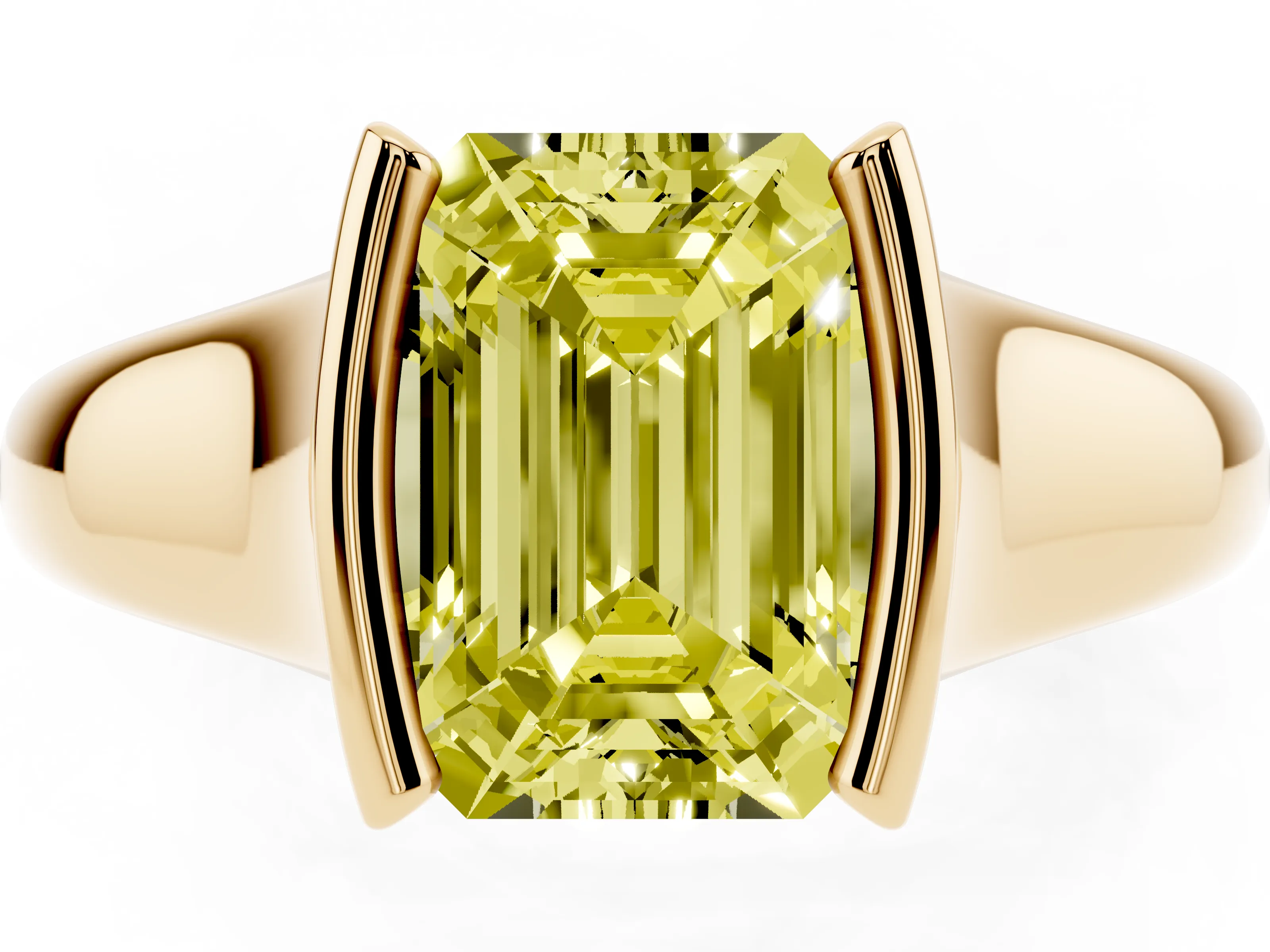 Fancy Yellow Emerald Cut Diamond Solitaire Tension Set Ring Set in Yellow gold with Split Shank Band