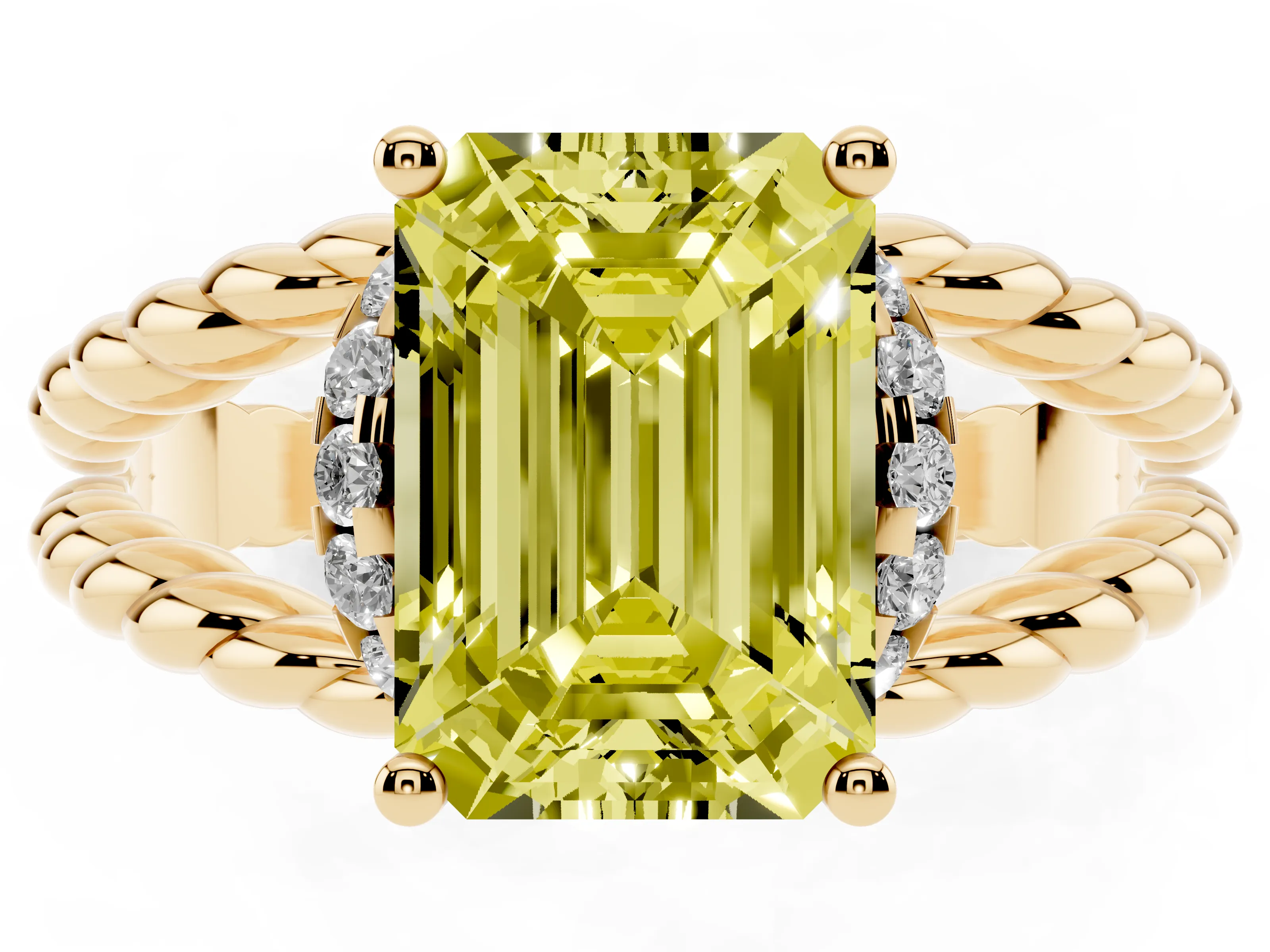 Fancy Yellow Emerald Cut Diamond Halo Ring Set in Yellow gold with Twisted Band and Prong Setting
