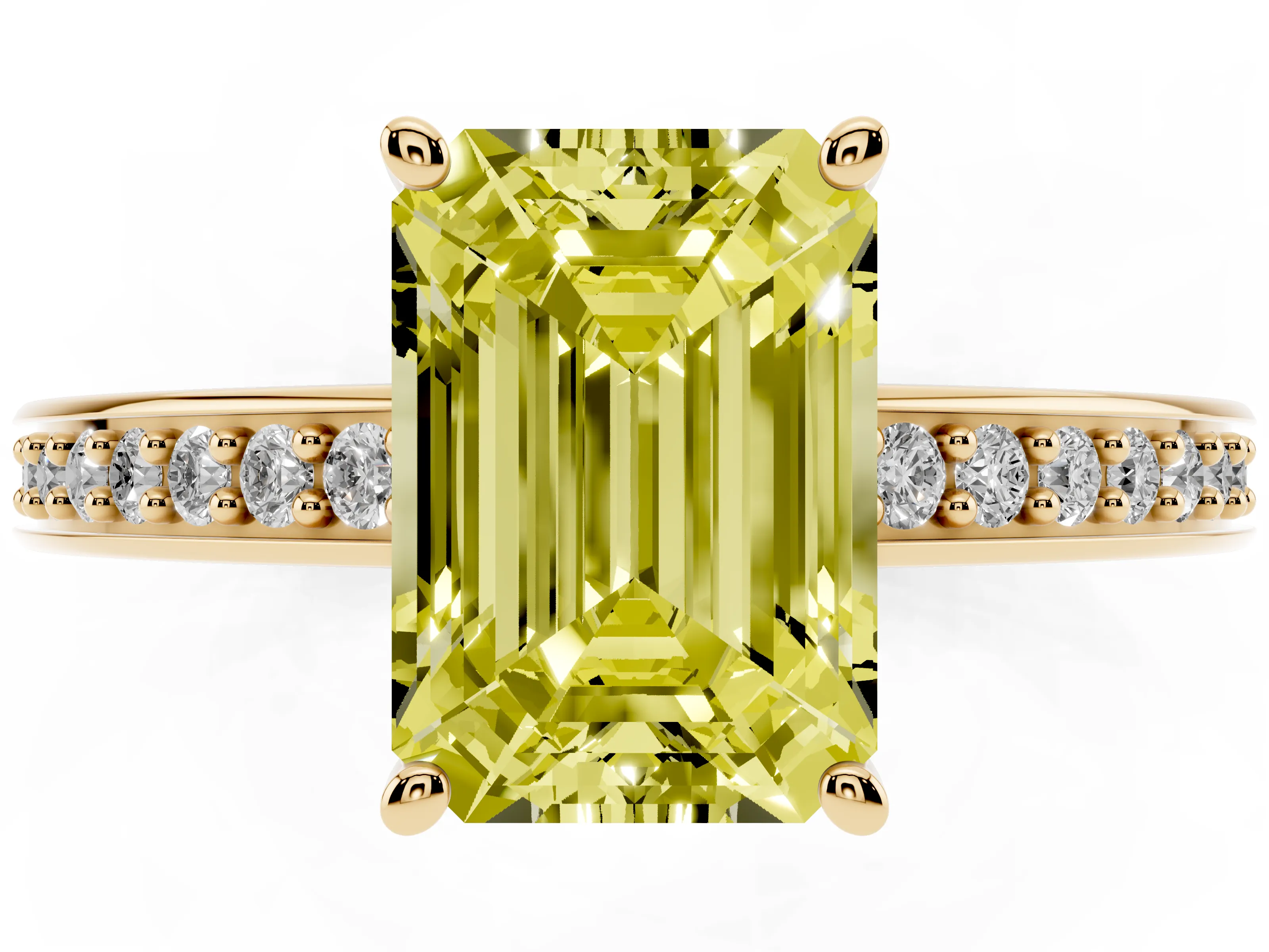 Fancy Yellow Emerald Cut Diamond Pavé Band Prong Set Solitaire Ring Set in Yellow gold