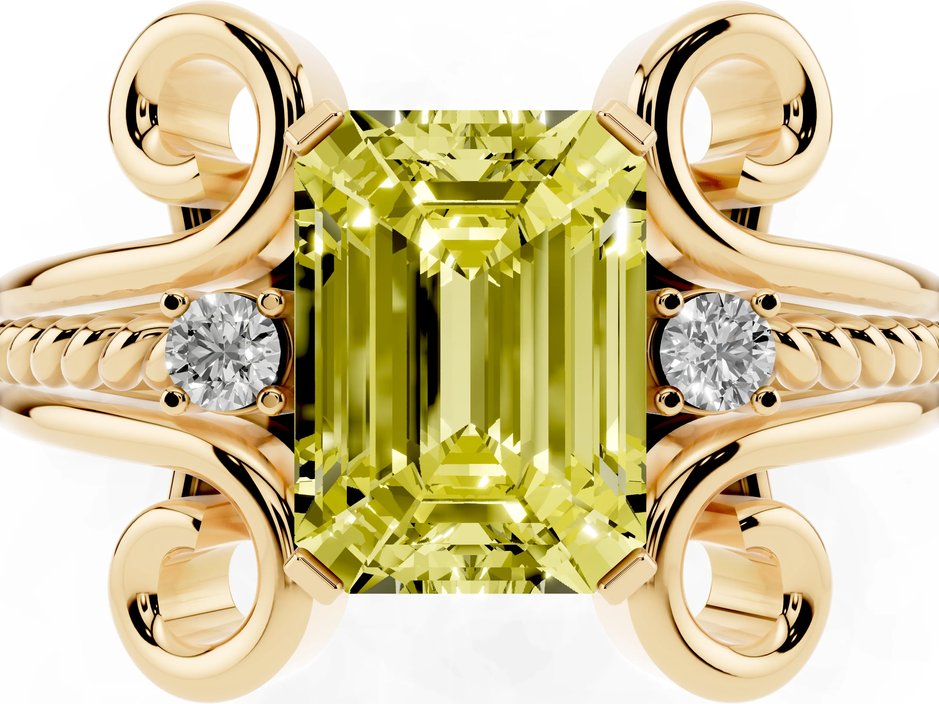 Fancy Yellow Emerald Cut Diamond Twisted Band Solitaire Ring Set in Yellow gold with Scroll Prongs