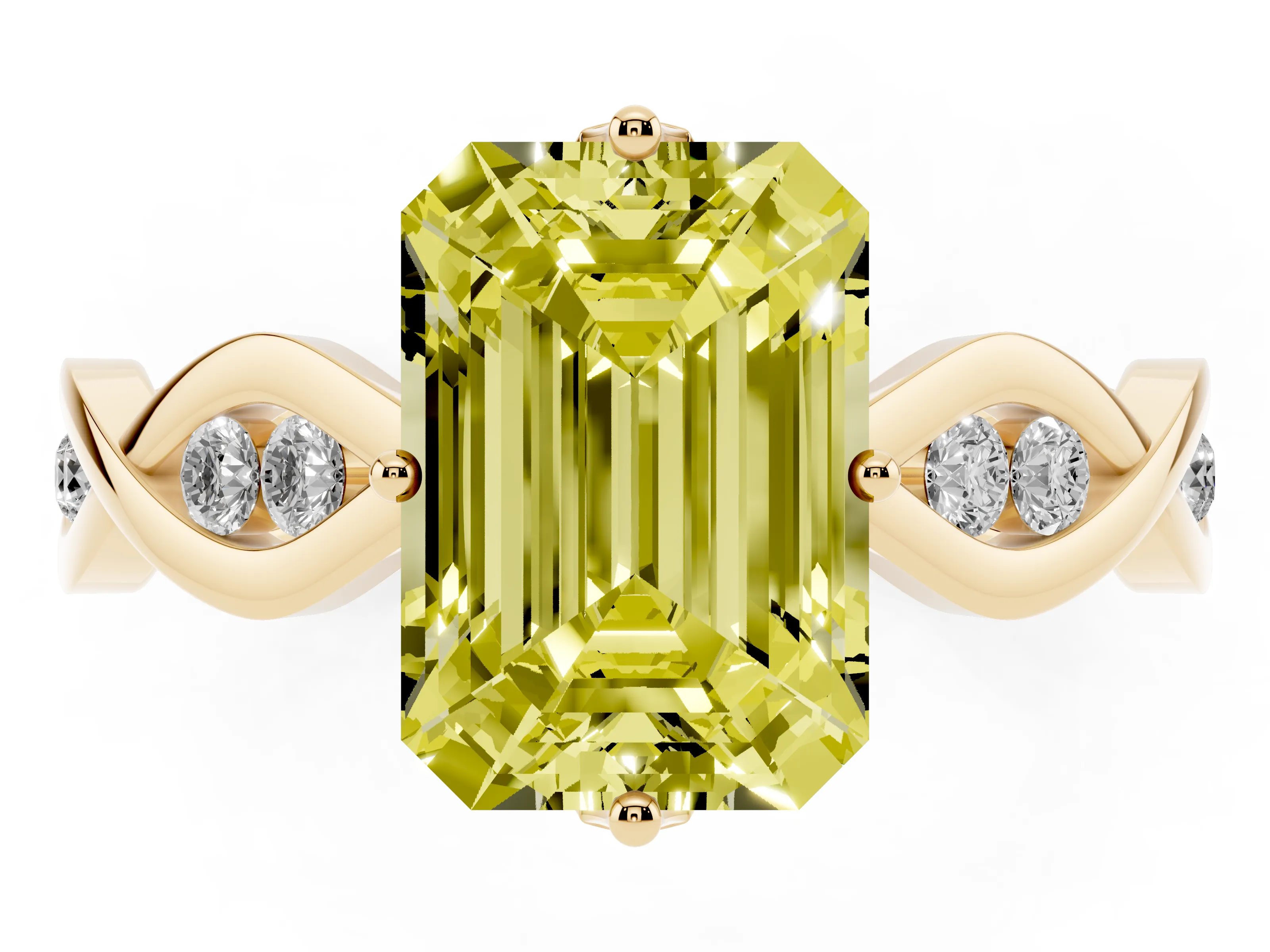 Fancy Yellow Emerald Cut Diamond Twist Band Solitaire Ring Set in Yellow gold with Leaf Prong Setting and Accent Stones