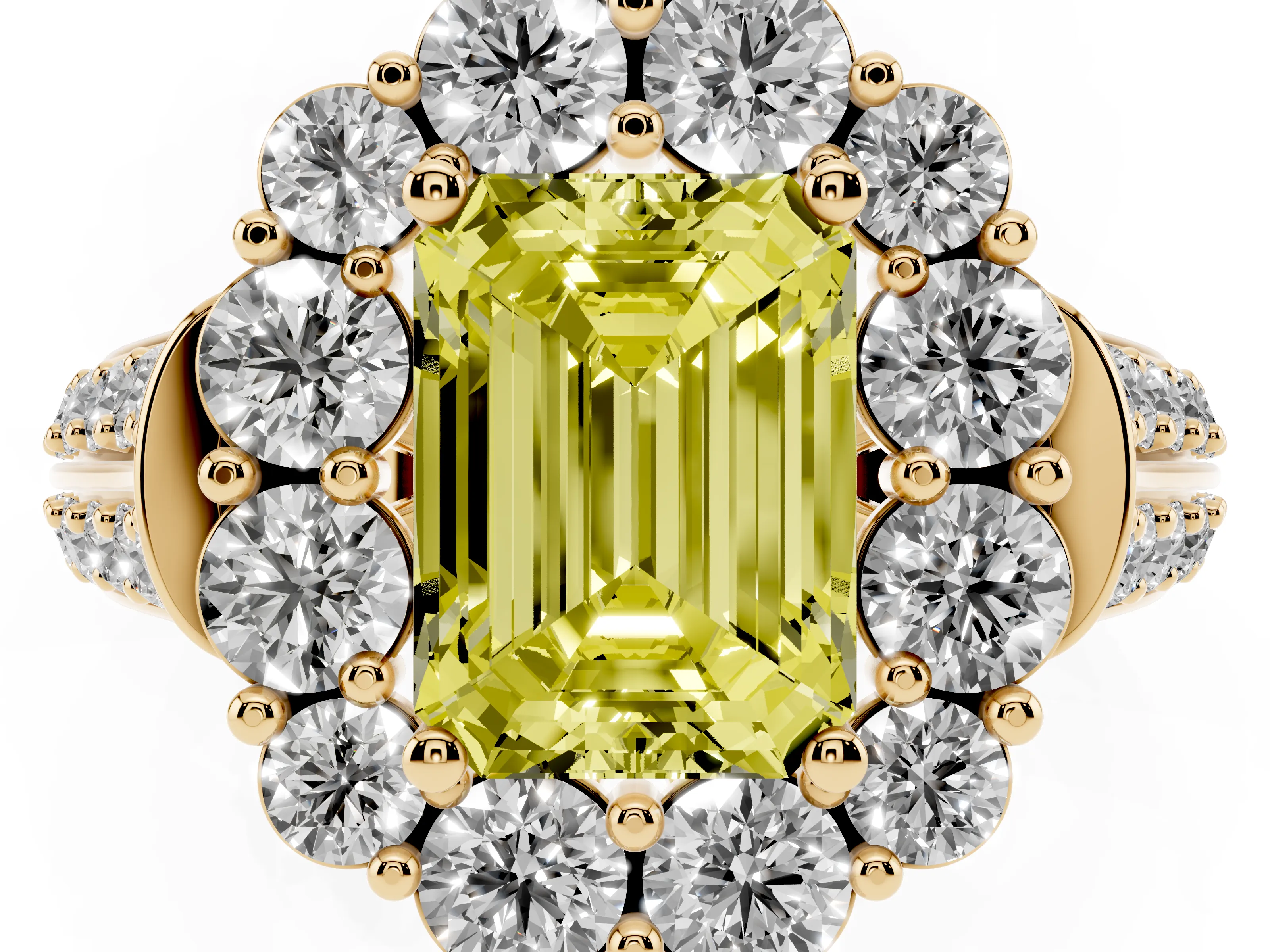 Fancy Yellow Emerald Cut Diamond Halo Engagement Ring Set in Yellow gold with Split Shank and Prong Setting