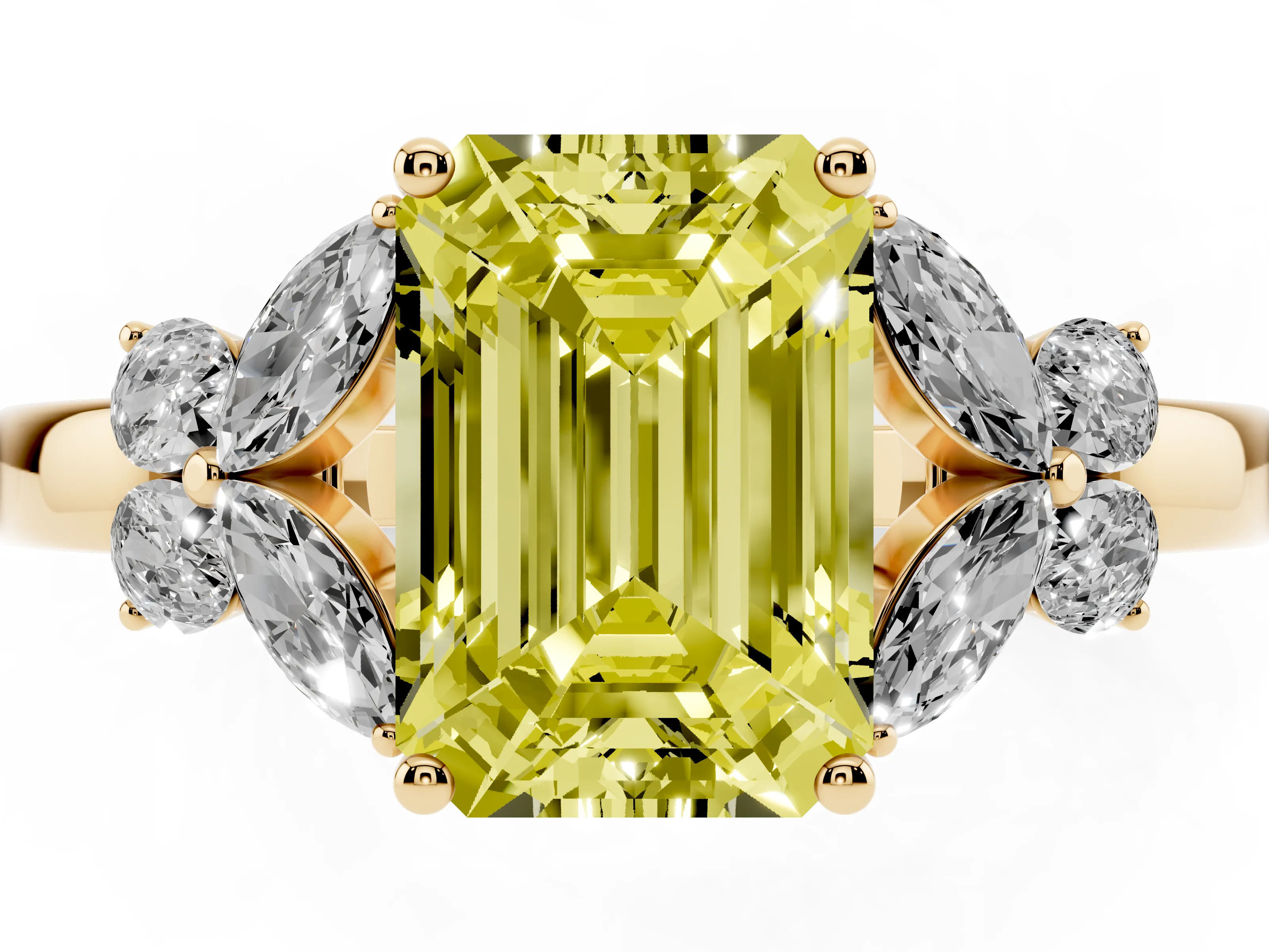 Fancy Yellow Emerald Cut Diamond Solitaire Floral Ring Set in Yellow gold with Marquise Petals and Prong Setting