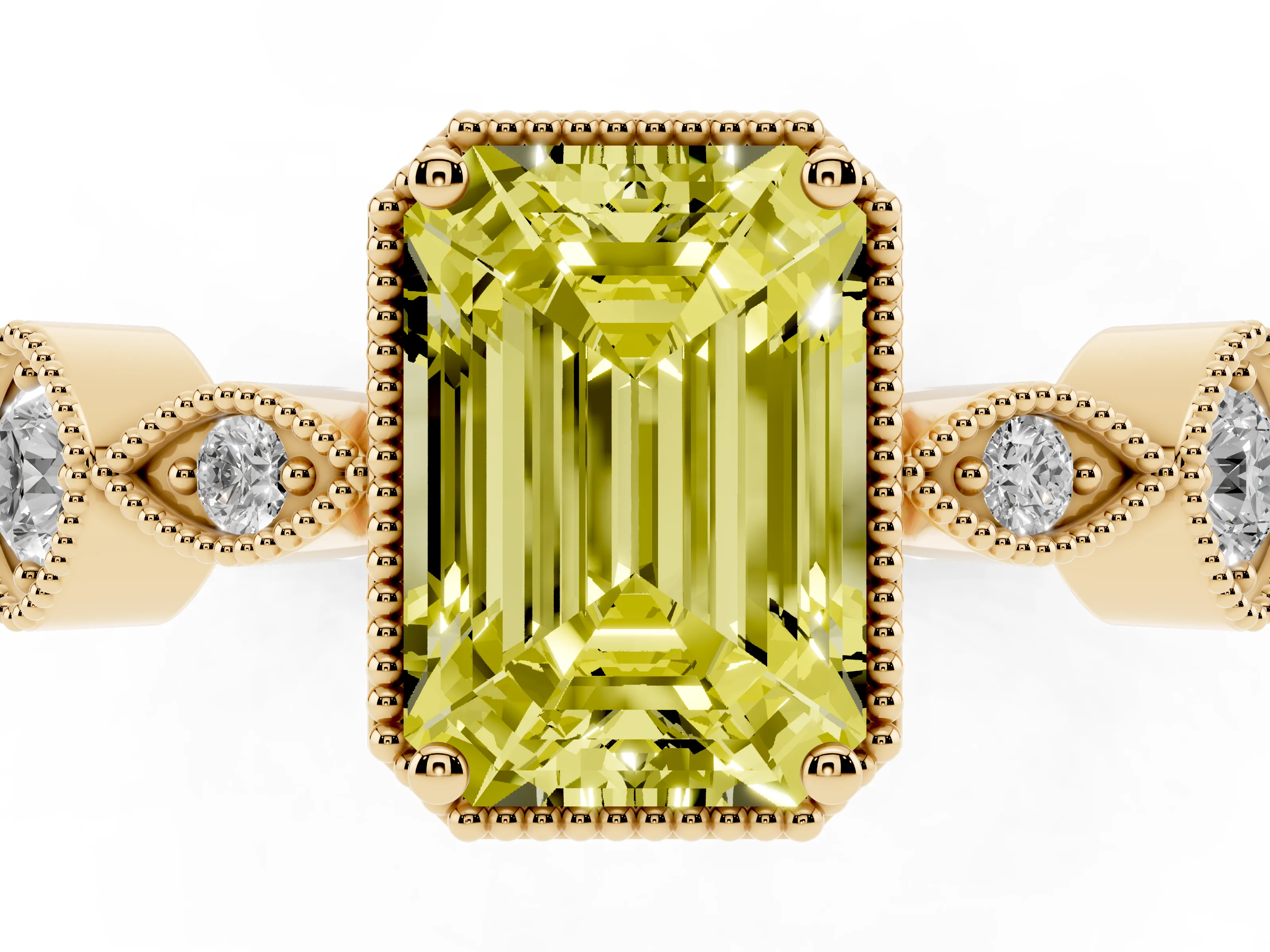Fancy Yellow Emerald Cut Diamond Vintage-Inspired Milgrain Ring Set in Yellow gold with Marquise Stations of Round Accents