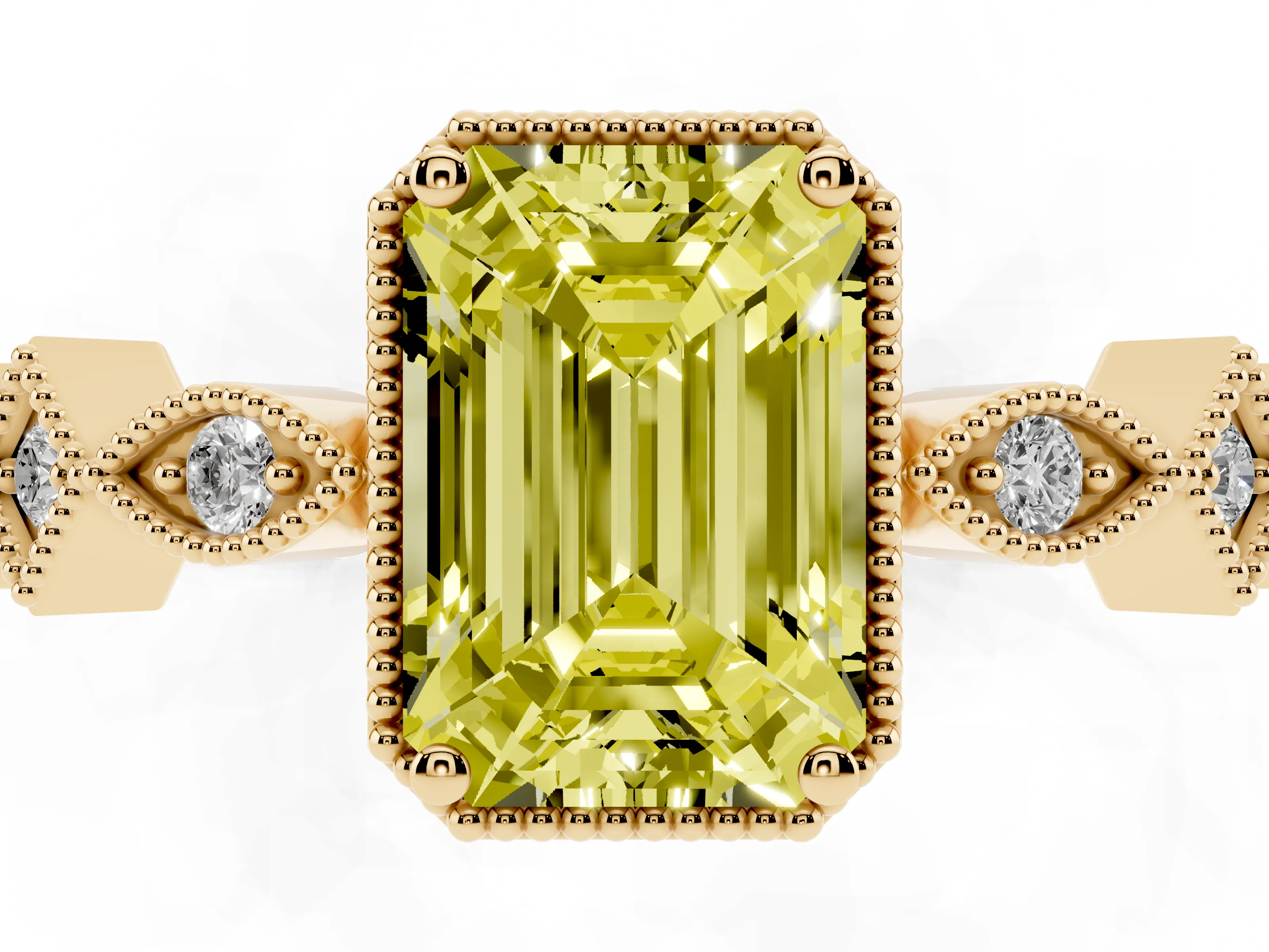Fancy Yellow Emerald Cut Diamond Milgrain Marquise Twist Band Ring Set in Yellow gold with Prong Setting