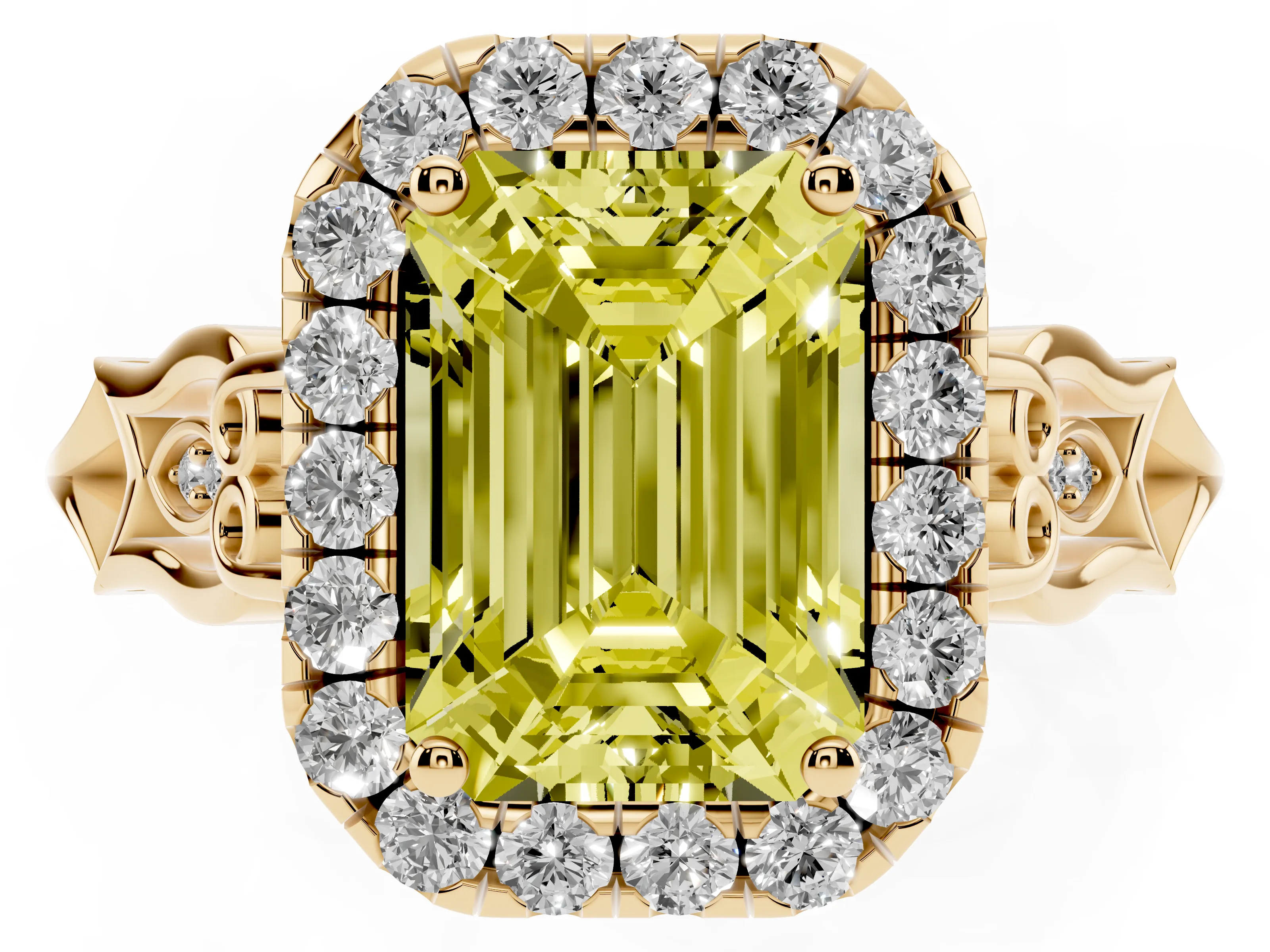 Fancy Yellow Emerald Cut Diamond Halo Engagement Ring Set in Yellow gold with Filigree Band and Prong-Set Center