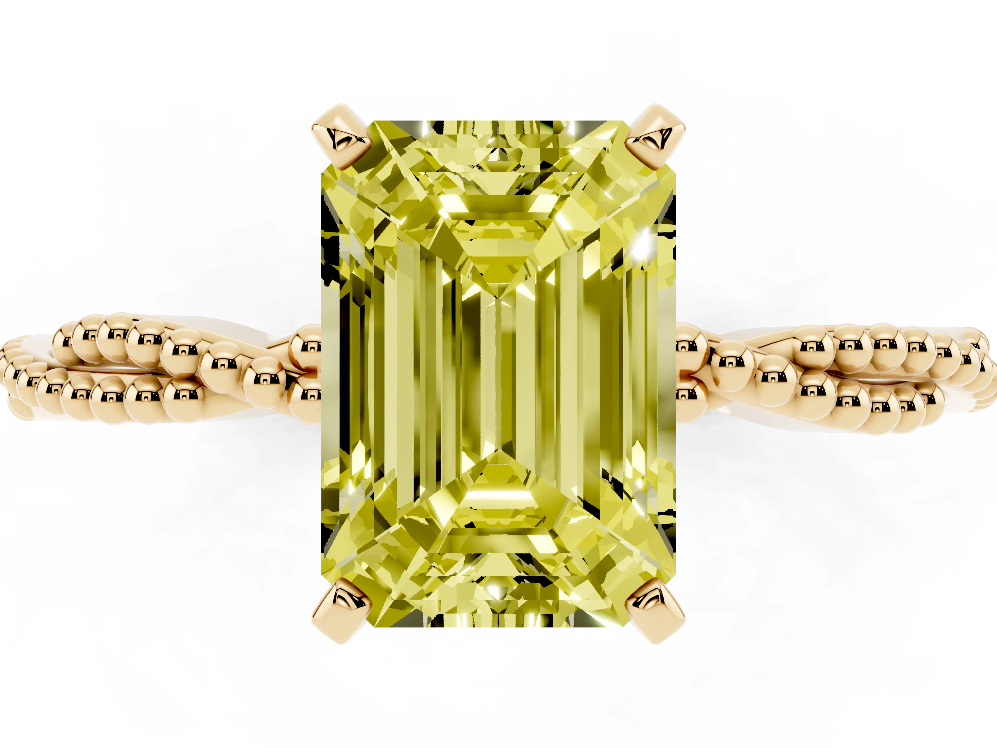 Fancy Yellow Emerald Cut Diamond Solitaire Ring Set in Yellow gold with Twisted Band and Bead Prong Setting
