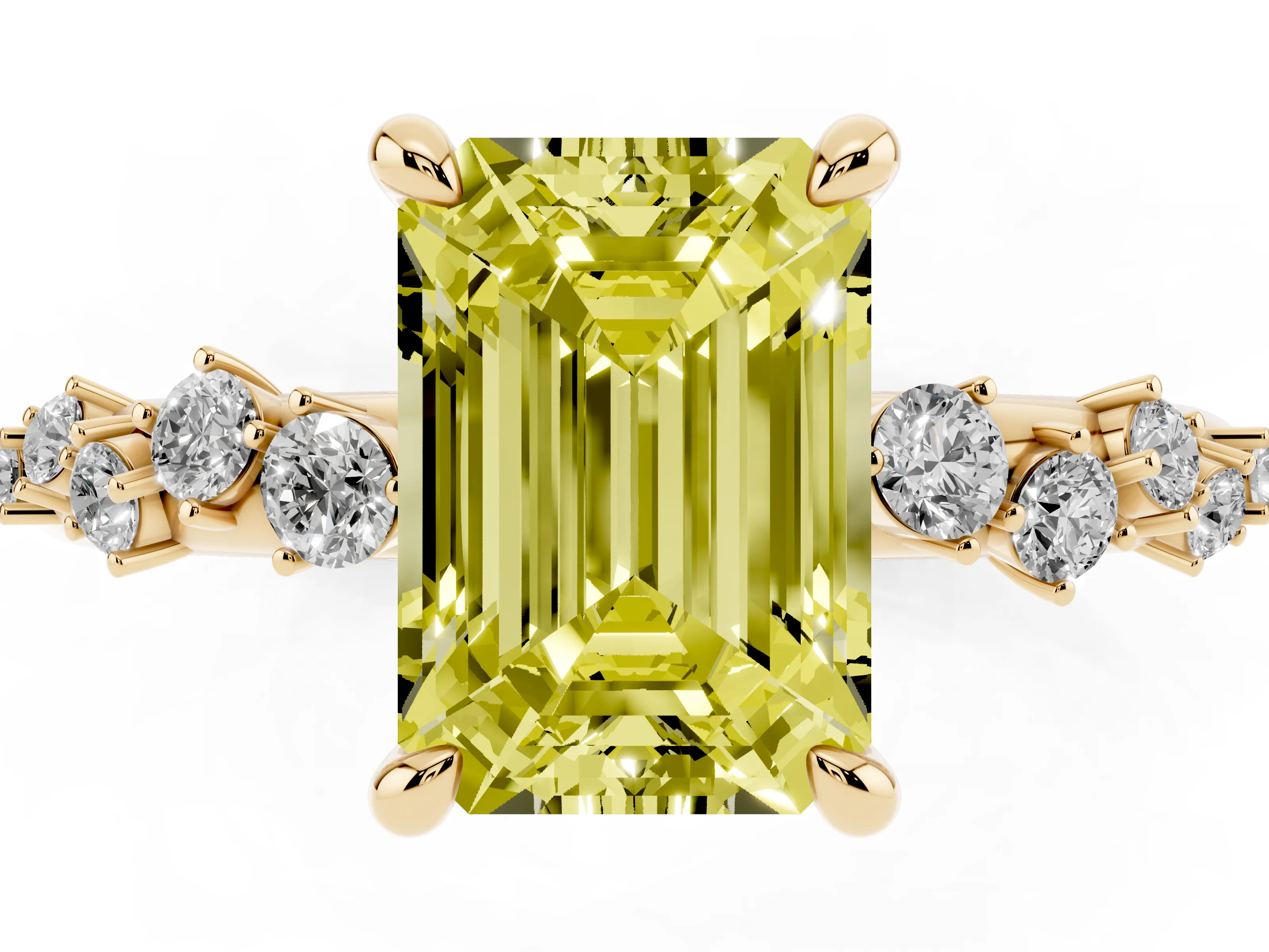 Fancy Yellow Emerald Cut Diamond Solitaire Vine Band Ring Set in Yellow gold with Round Accents and Prong Setting