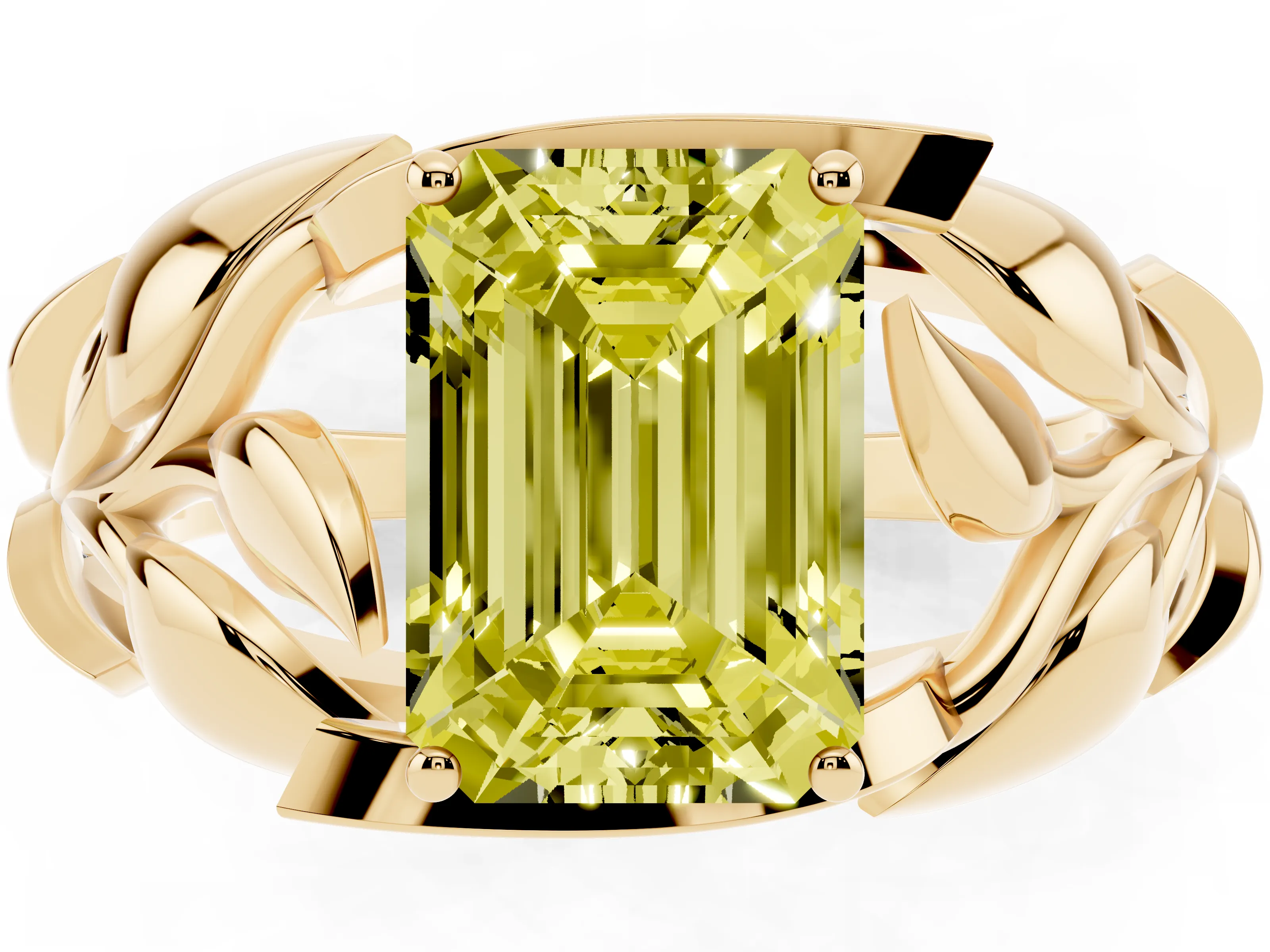 Fancy Yellow Emerald Cut Diamond Leaf-Inspired Engagement Ring Set in Yellow gold with Round Accents