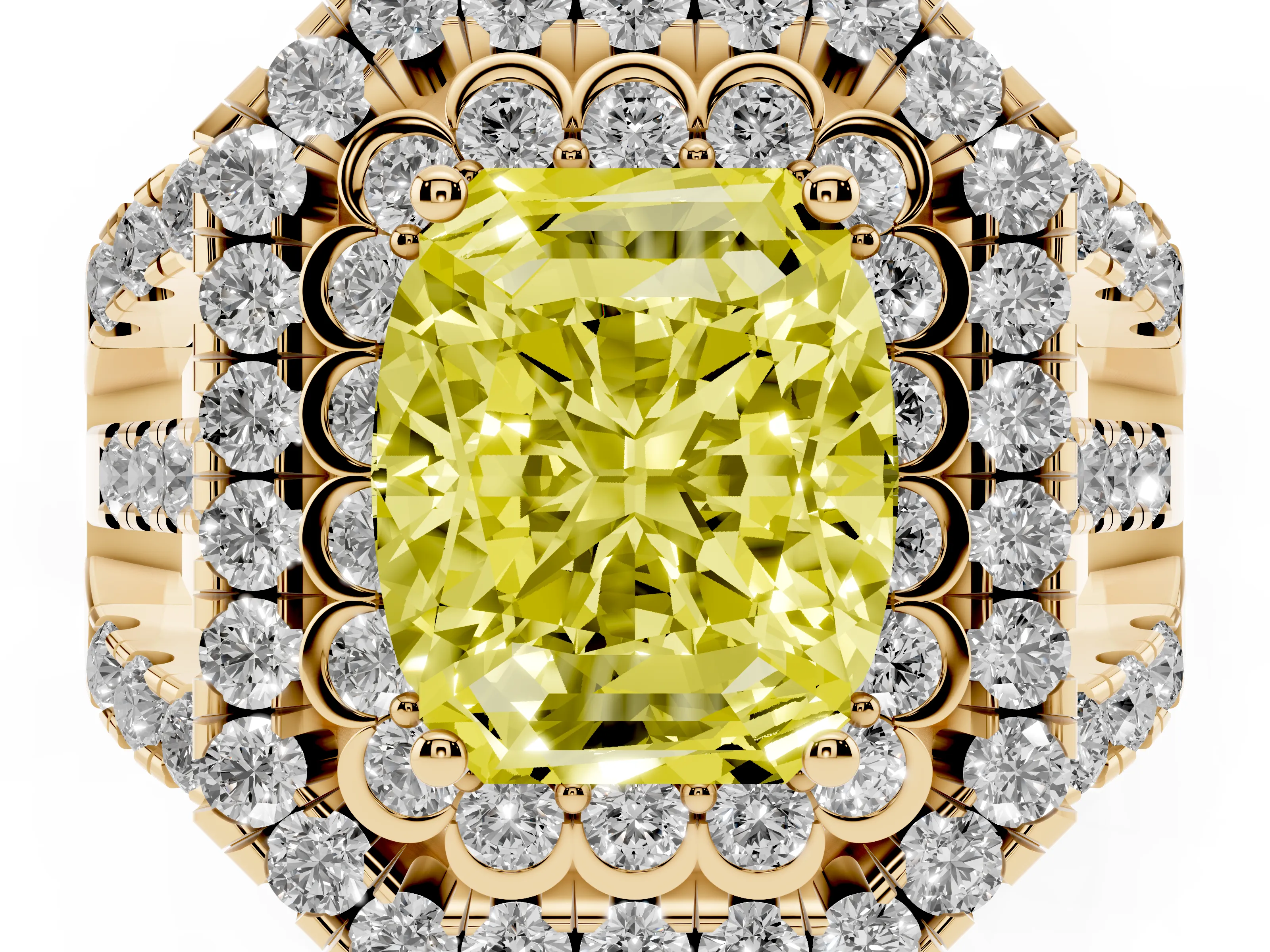 Fancy Yellow Emerald Cut Diamond Double Halo Ring Set in Yellow gold with Round Pavé Split Shank
