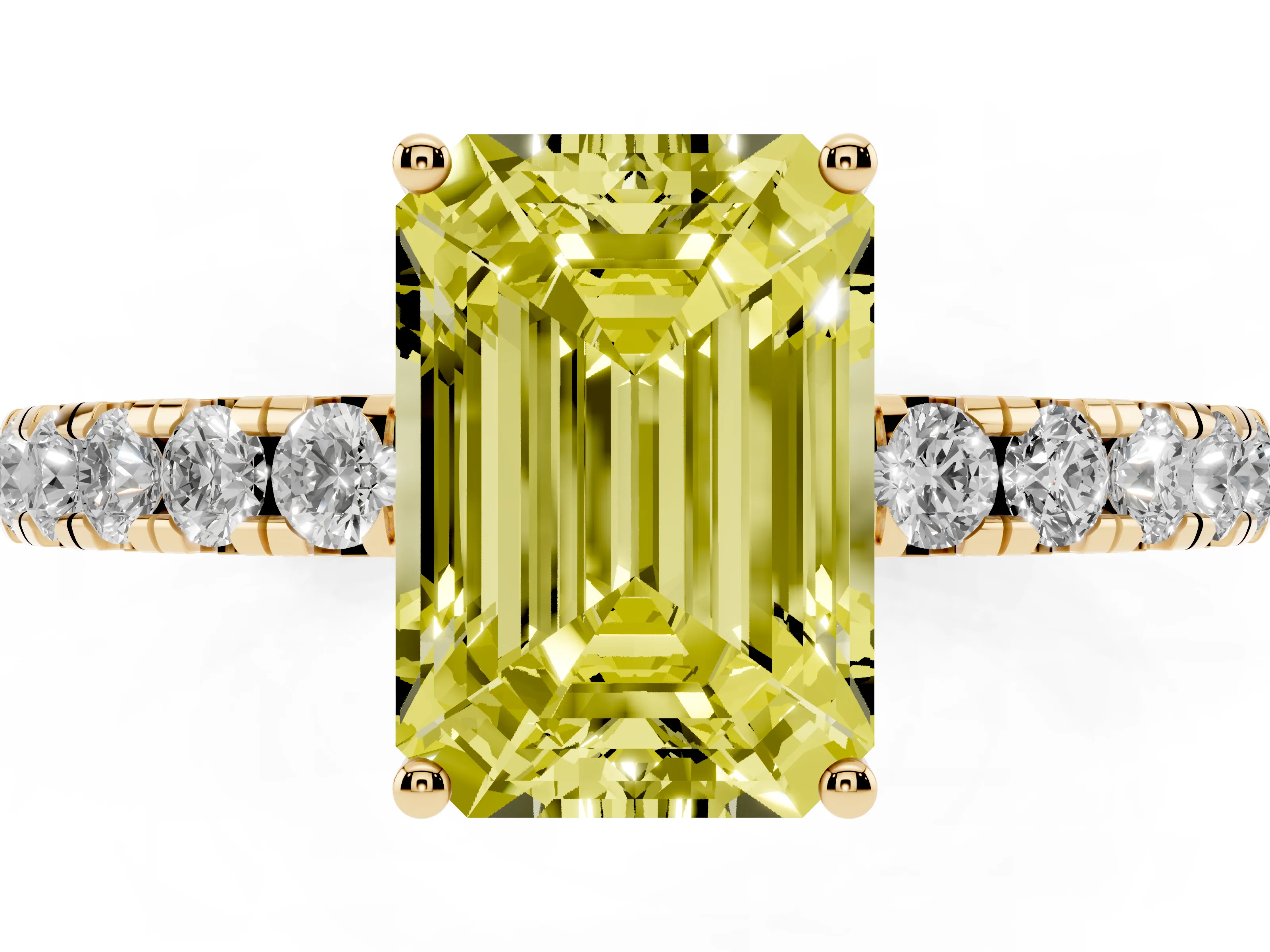 Fancy Yellow Emerald Cut Diamond Pavé Solitaire Engagement Ring Set in Yellow gold with Prong Setting