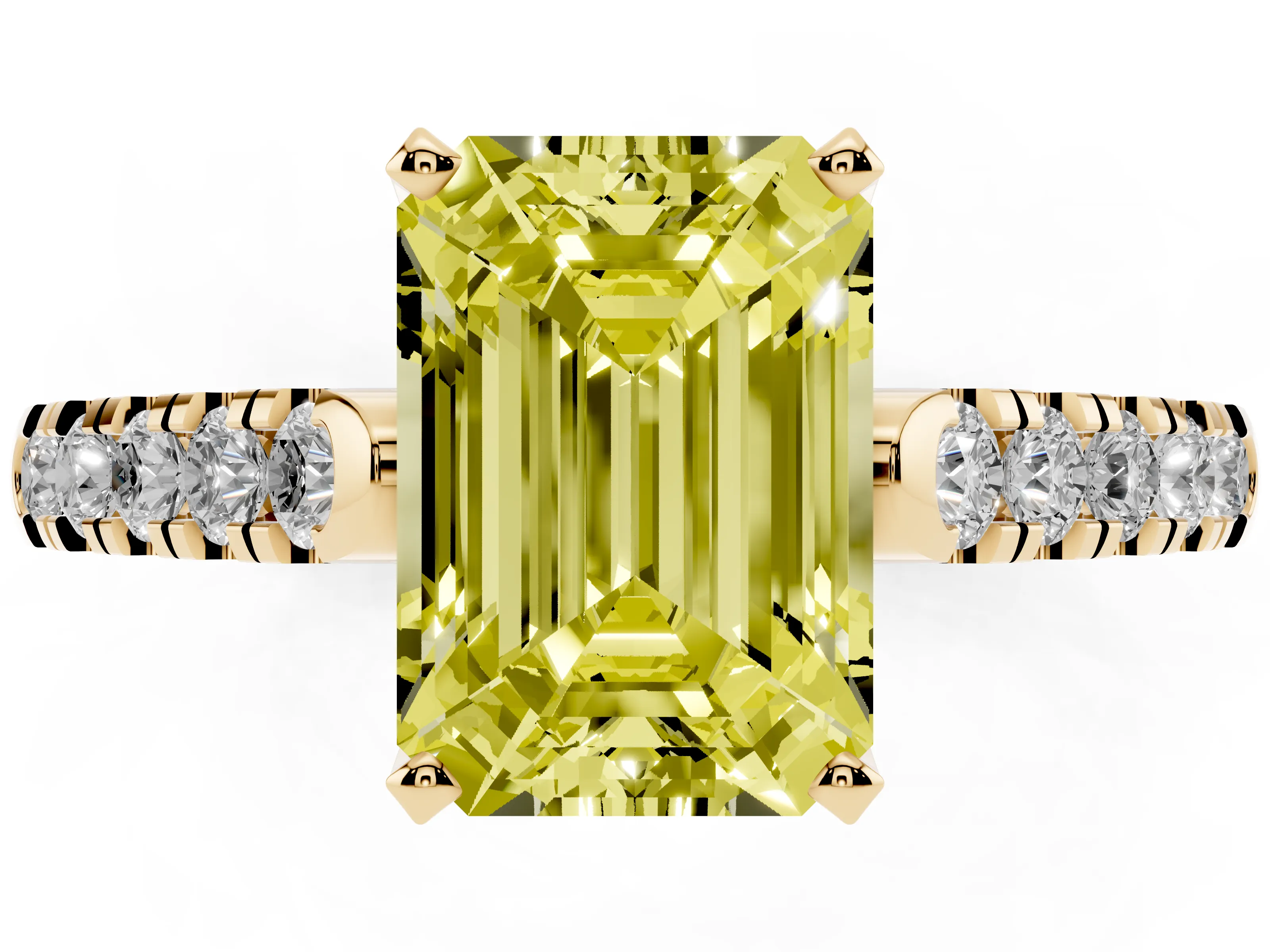 Fancy Yellow Emerald Cut Diamond Pavé Band Solitaire Ring Set in Yellow gold with Partway Accent Stones and Prong Setting