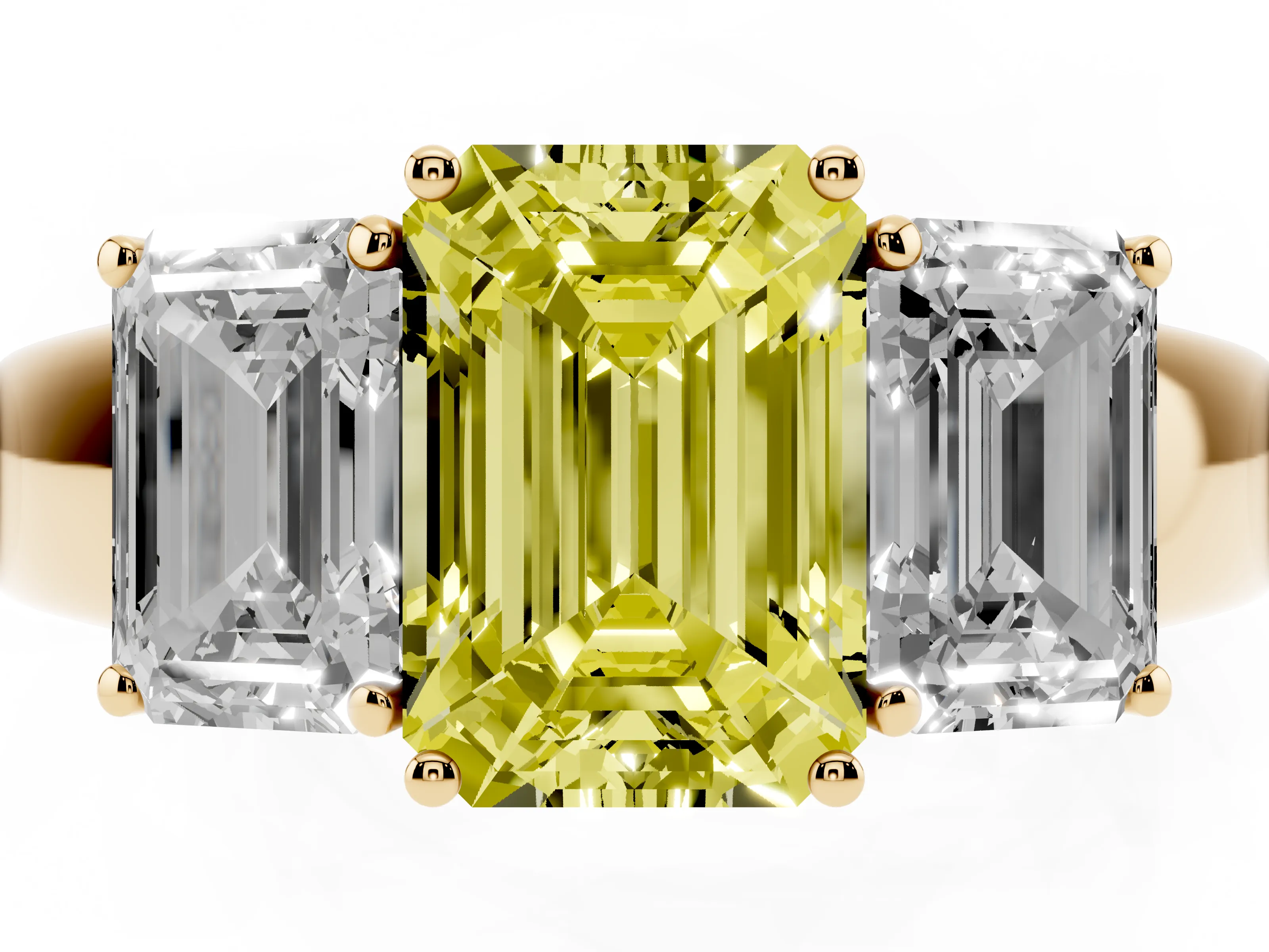 Fancy Yellow Three-Stone Emerald Cut Diamond Ring Set in Yellow gold with Matching Prong Settings and Plain Band