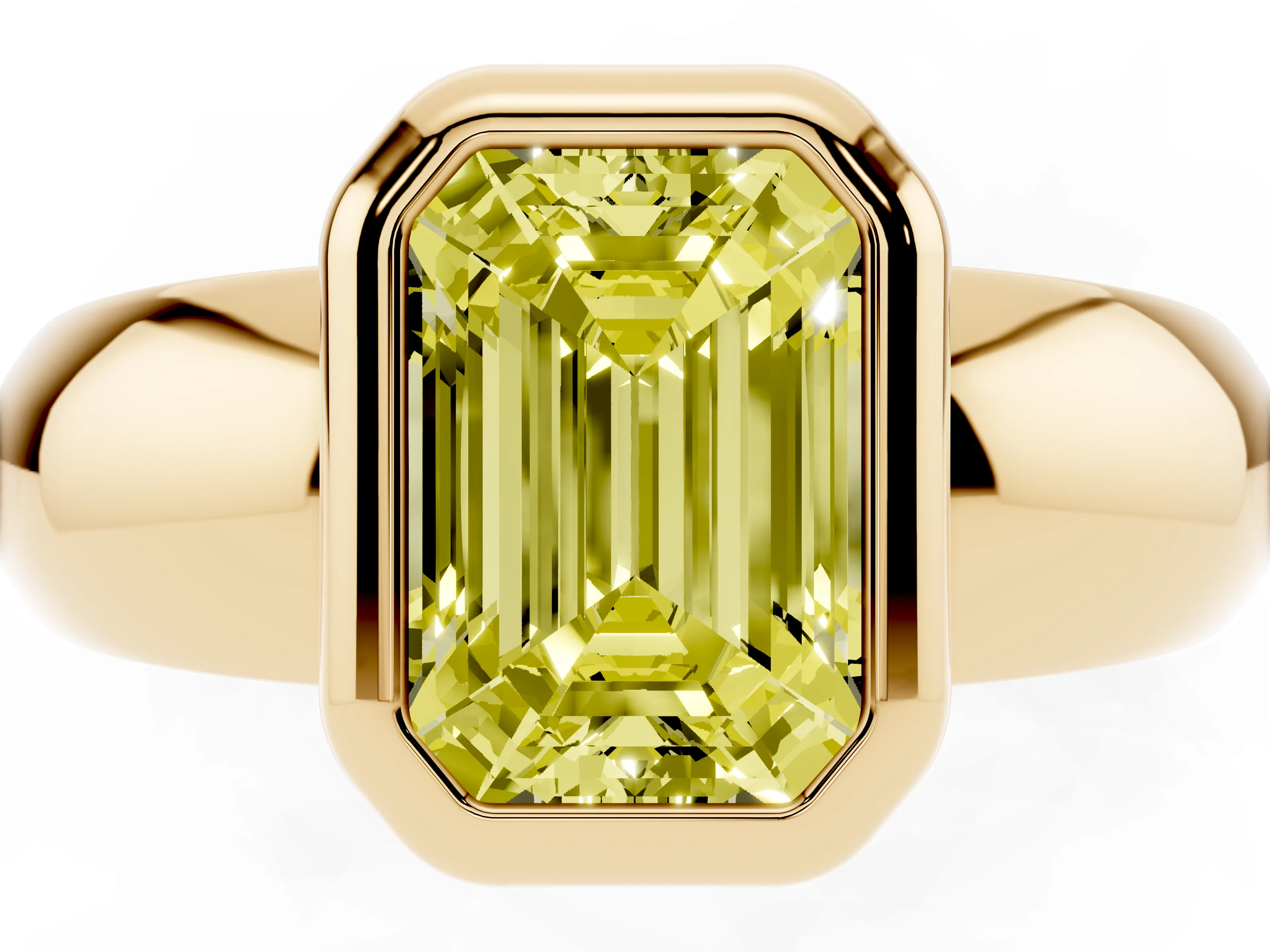 Fancy Yellow Bezel Set Emerald Cut Diamond Solitaire Ring Set in Yellow gold with Wide Band