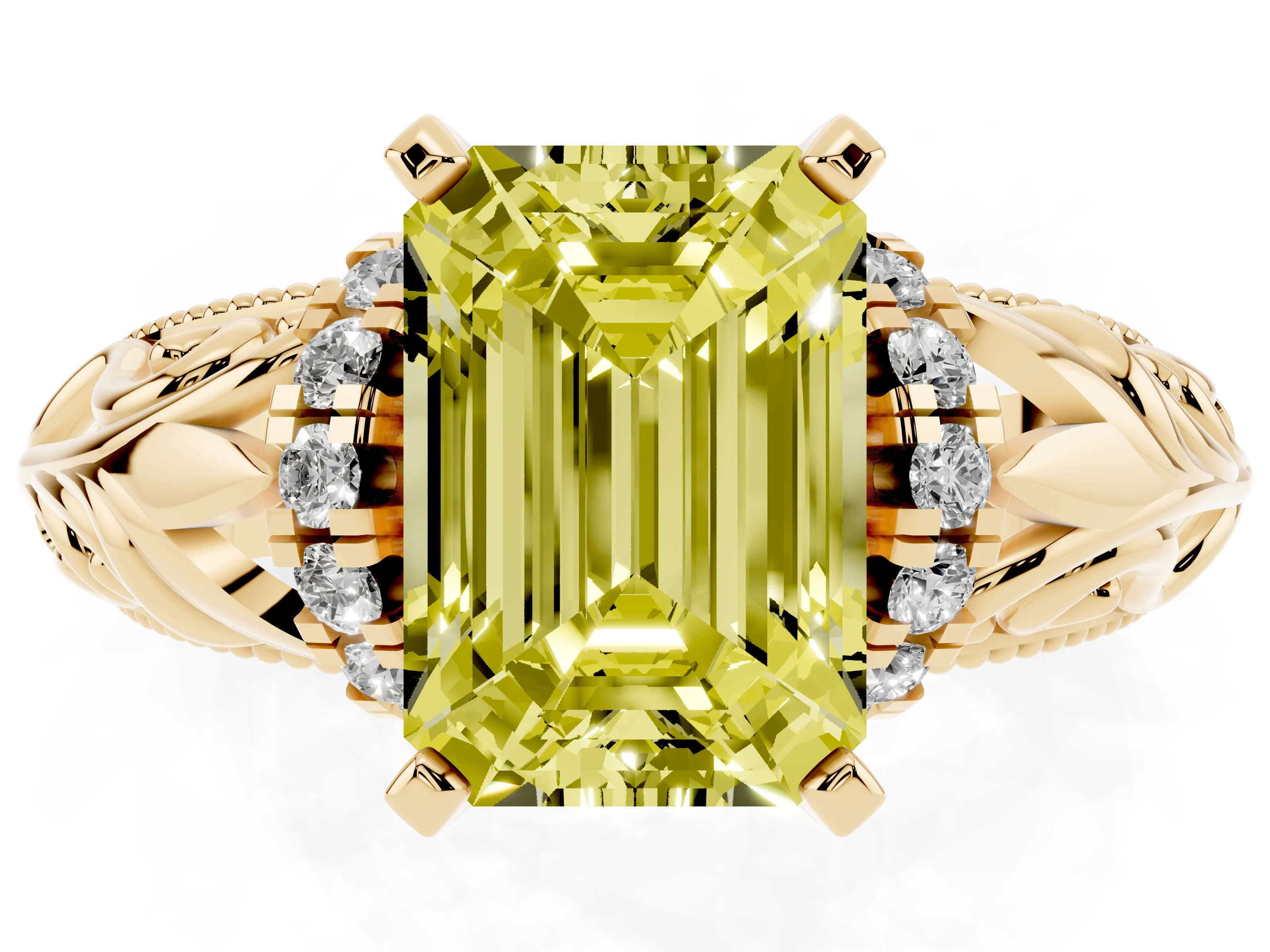 Fancy Yellow Emerald Cut Diamond Filigree Halo Engagement Ring Set in Yellow gold with Prong Setting