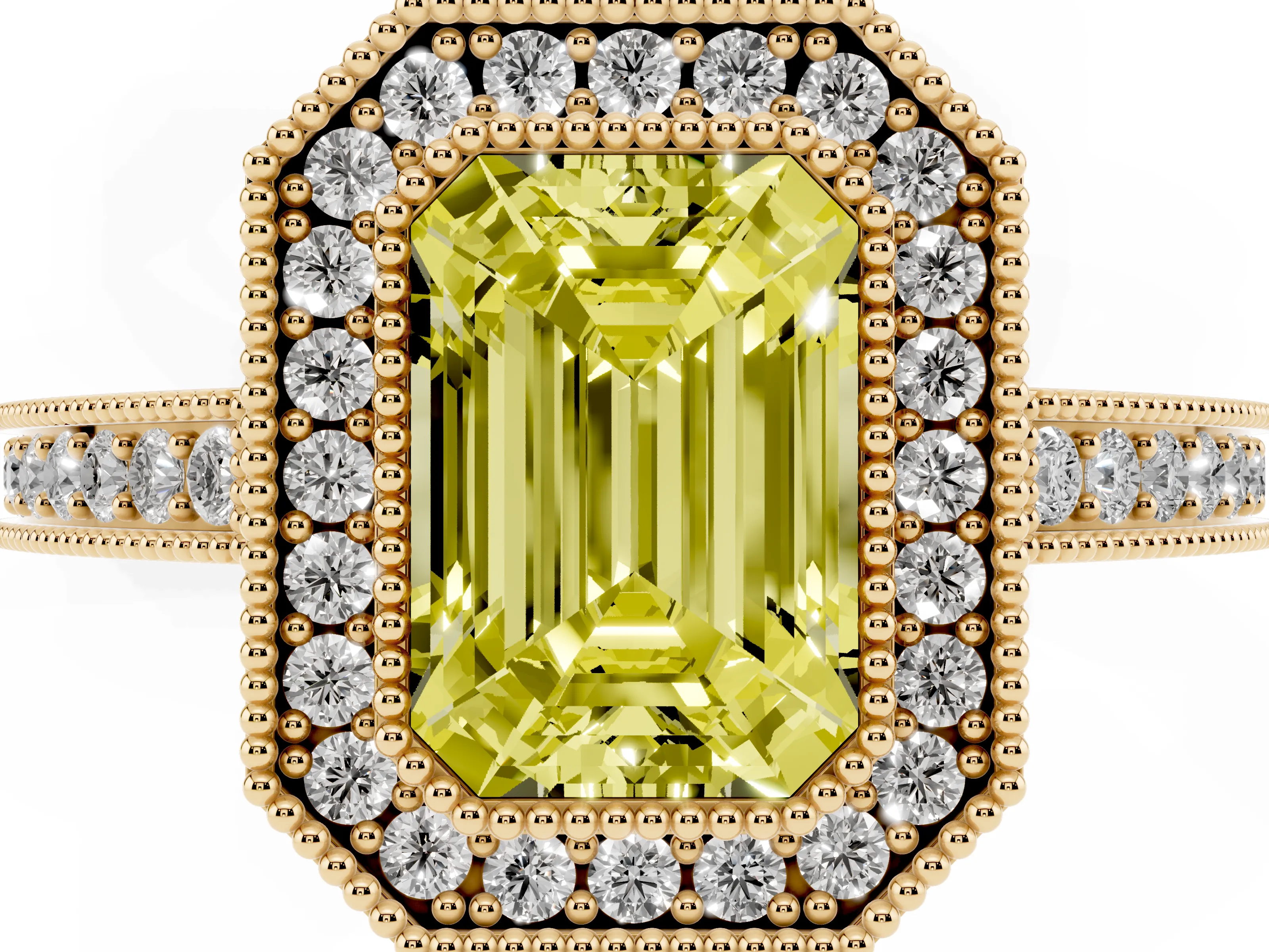 Fancy Yellow Emerald Cut Diamond Round Halo Ring Set in Yellow gold with Pavé Band