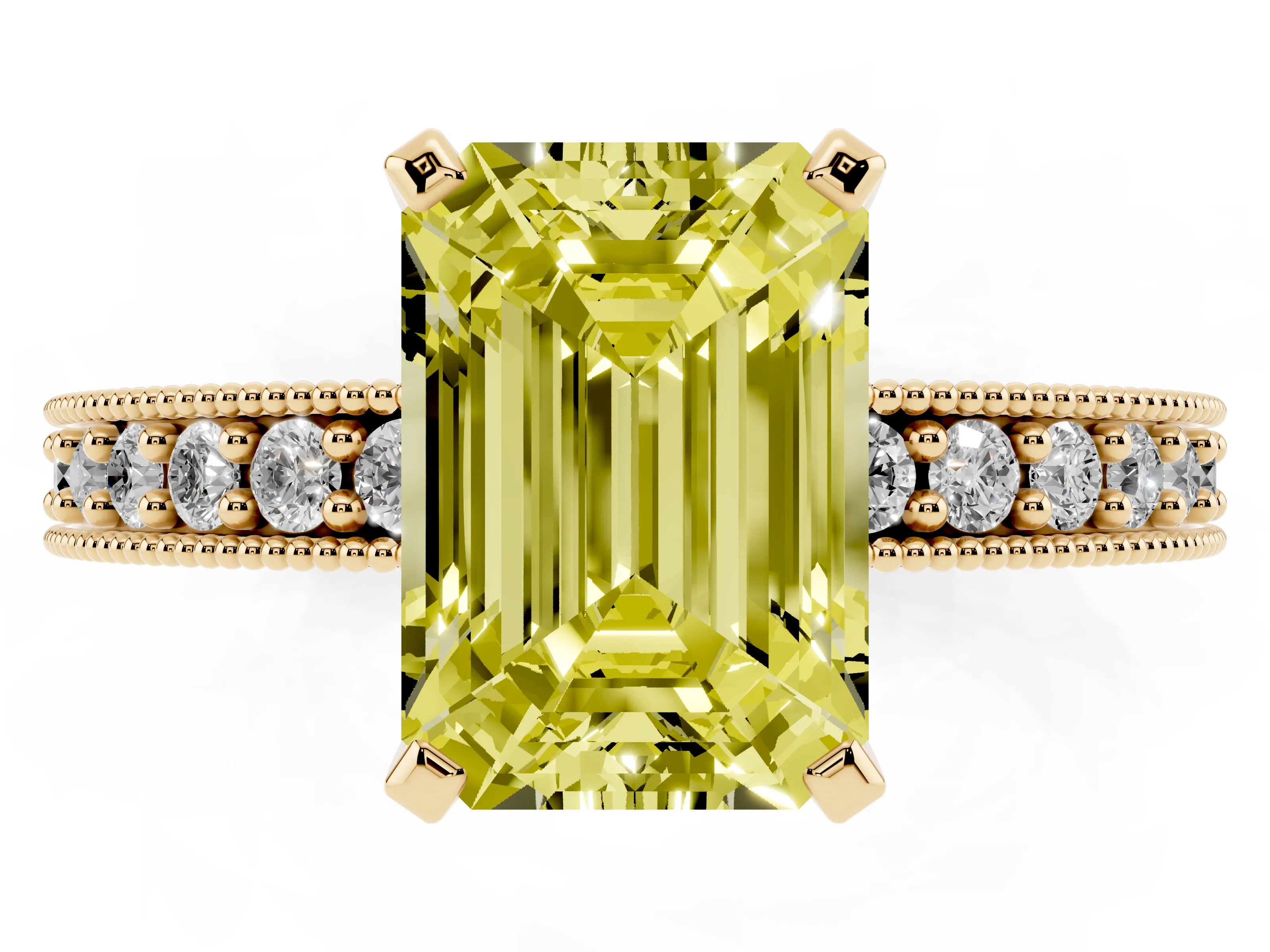 Fancy Yellow Emerald Cut Diamond Milgrain Pavé Engagement Ring Set in Yellow gold with Prong Setting