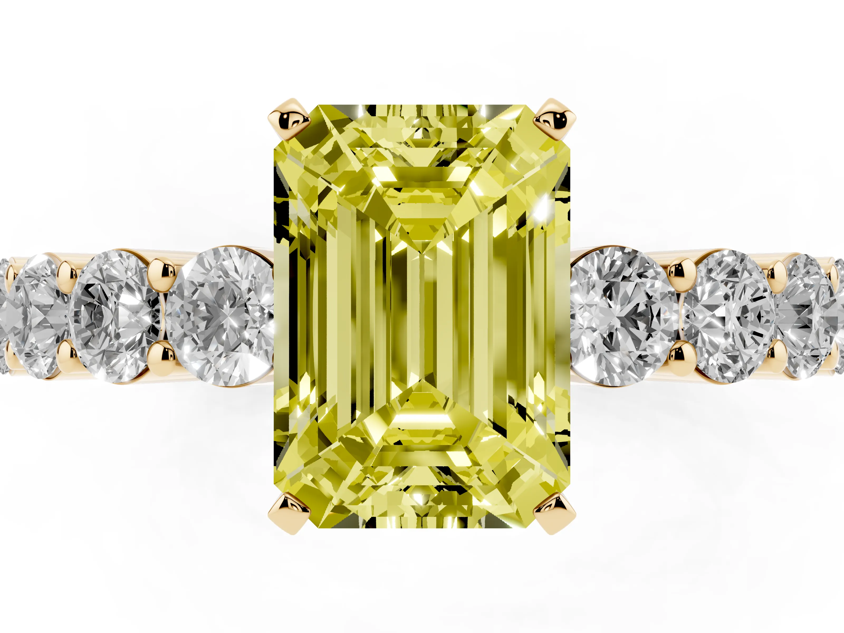 Fancy Yellow Emerald Cut Diamond Solitaire Ring Set in Yellow gold with Shared Prong Round Side Stones