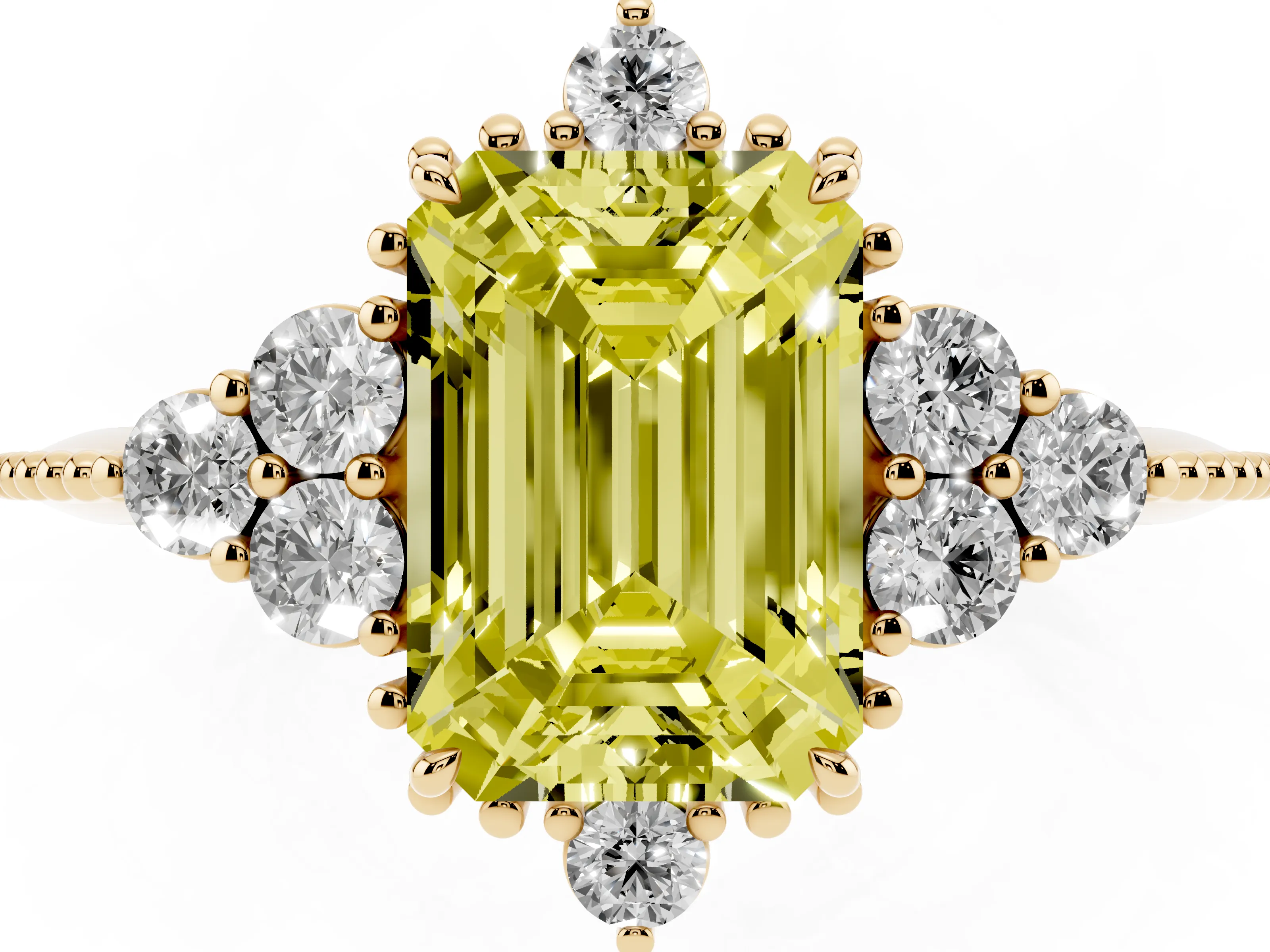 Fancy Yellow Emerald Cut Diamond Cluster Ring Set in Yellow gold with Beaded Band