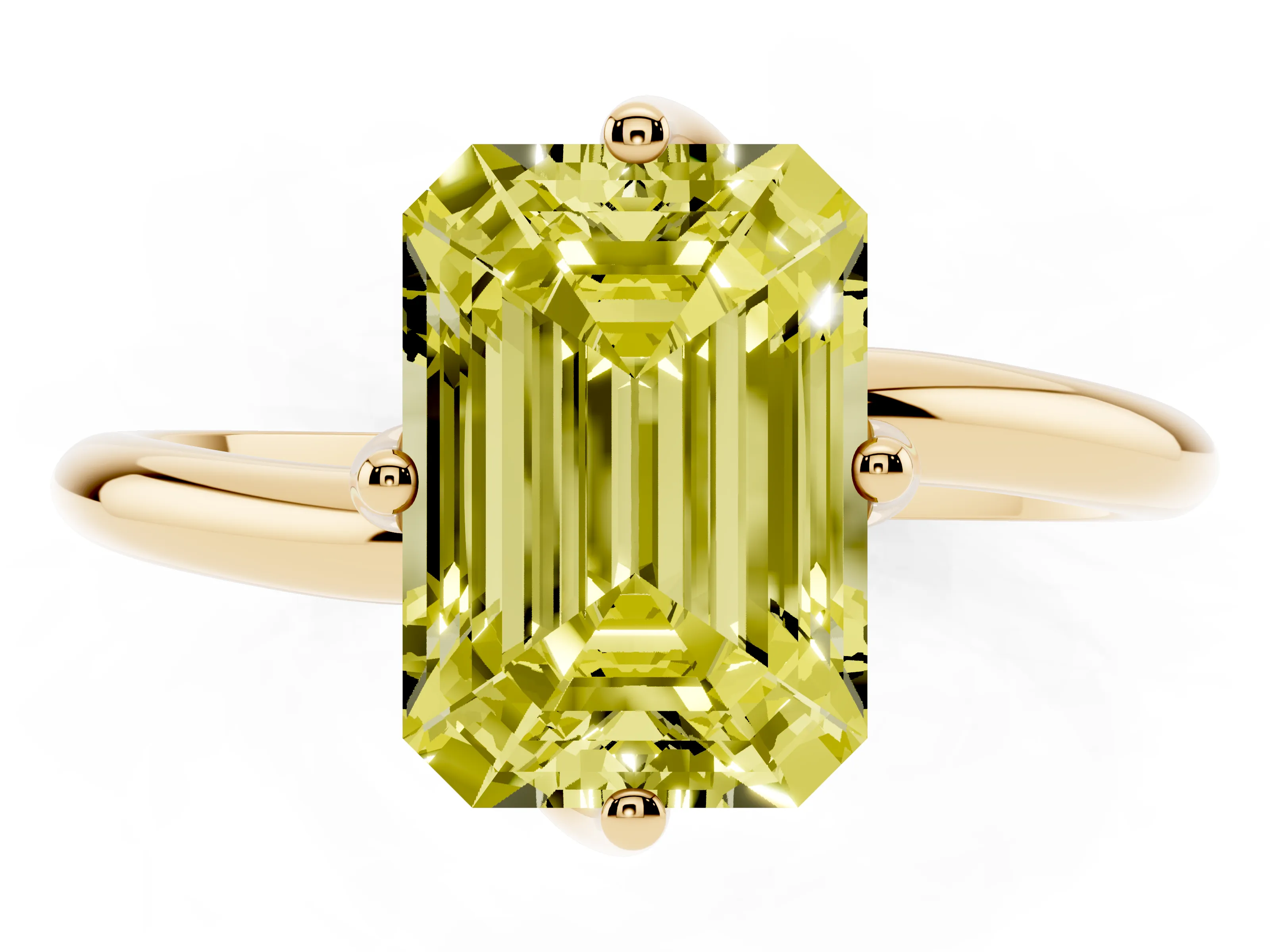 Fancy Yellow Emerald Cut Diamond Solitaire Engagement Ring Set in Yellow gold with Classic Plain Band