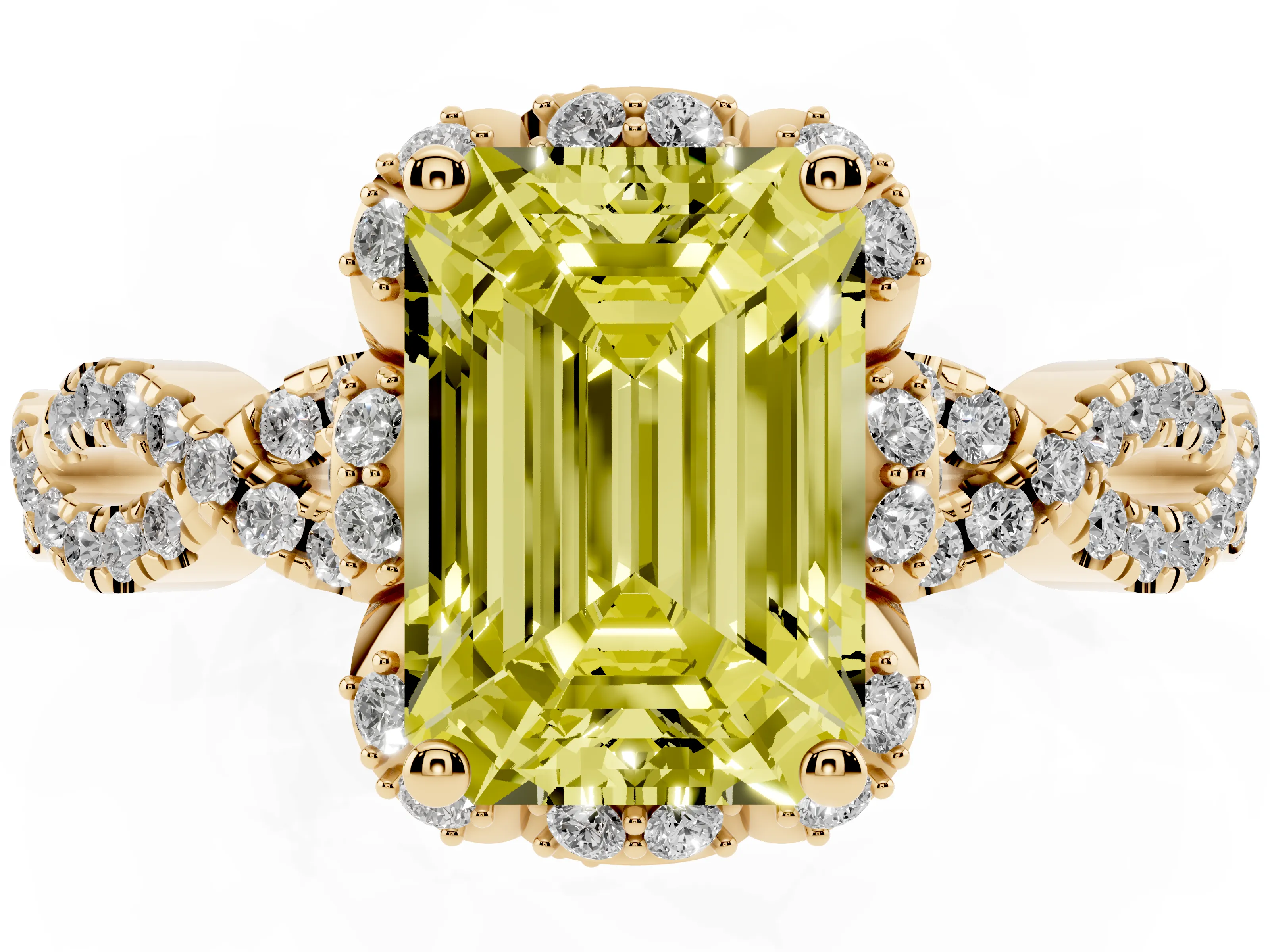 Fancy Yellow Emerald Cut Diamond Halo Twist Band Solitaire Ring Set in Yellow gold with Prong-Set Center Stone